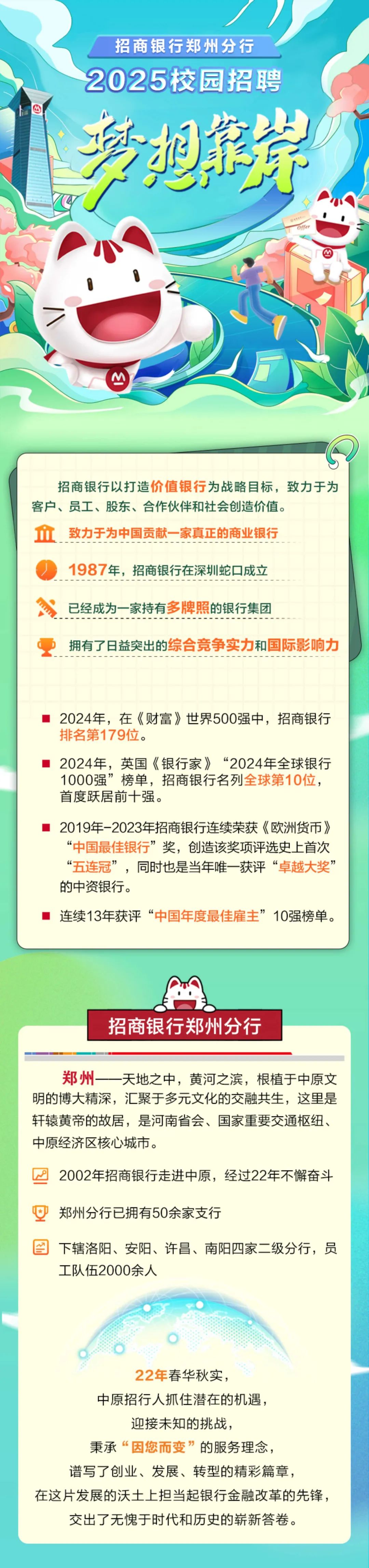 <p>M</p>
<p>招商银行郑州分行<br/>2025校园招聘<br/>多想非岸</p>
<p> </p>
<p>招商银行以打造价值银行为战略目标，致力于为<br/>客户、员工、股东、合作伙伴和社会创造价值。</p>
<p>1<br/>致力于为中国贡献一家真正的商业银行</p>
<p>1987年，招商银行在深圳蛇口成立</p>
<p>已经成为一家持有多牌照的银行集团</p>
<p>拥有了日益突出的综合竞争实力和国际影响力</p>
<p>2024年，在《财富》世界500强中，招商银行<br/>排名第179位。</p>
<p>2024年，英国《银行家》<br/>“2024年全球银行<br/>1000强”榜单，招商银行名列全球第10位，<br/>首度跃居前十强。</p>
<p>2019年-2023年招商银行连续荣获《欧洲货币》<br/>“中国最佳银行”奖，创造该奖项评选史上首次<br/>“五连冠”，同时也是当年唯一获评“卓越大奖”<br/>的中资银行。</p>
<p>连续13年获评“中国年度最佳雇主”10强榜单。</p>
<p>招商银行郑州分行</p>
<p>郑州<br/>天地之中，黄河之滨，根植于中原文<br/>明的博大精深，汇聚于多元文化的交融共生，这里是<br/>轩辕黄帝的故居，是河南省会、国家重要交通枢纽、<br/>中原经济区核心城市。</p>
<p>2002年招商银行走进中原，经过22年不懈奋斗</p>
<p>郑州分行已拥有50余家支行</p>
<p>下辖洛阳、安阳、许昌、南阳四家二级分行，员<br/>工队伍2000余人</p>
<p>22年春华秋实，</p>
<p>中原招行人抓住潜在的机遇，</p>
<p>迎接未知的挑战，</p>
<p>秉承“因您而变”的服务理念，</p>
<p>谱写了创业、发展、转型的精彩篇章，</p>
<p>在这片发展的沃土上担当起银行金融改革的先锋，<br/>交出了无愧于时代和历史的崭新答卷。</p>
