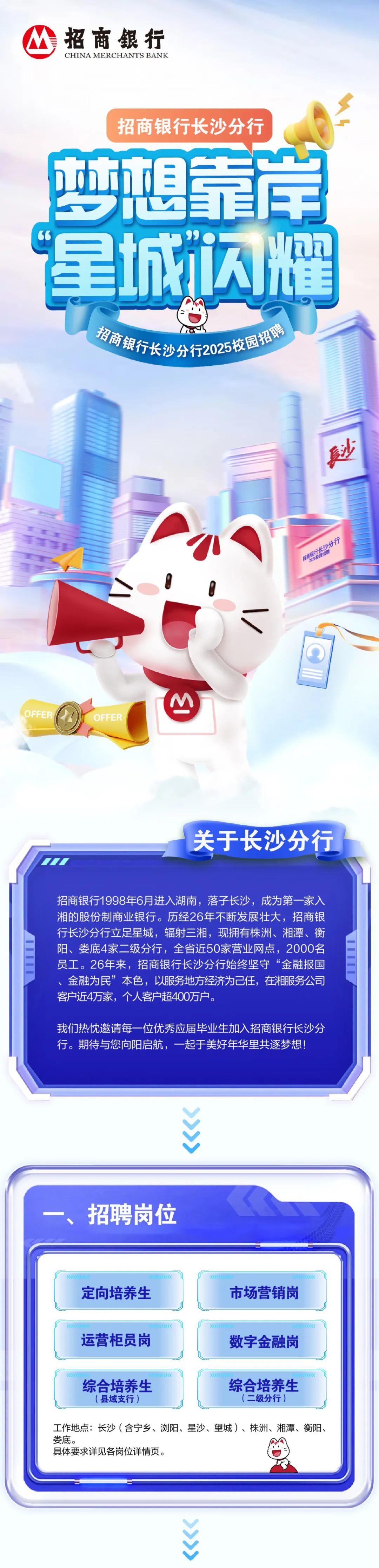 <p>招商銀行<br/>CHINA MERCHANTS BANK</p>
<p>招商银行长沙分行<br/>梦想靠岸<br/>星城达耀<br/>起商银行长沙分行2025校园铝</p>
<p>沙</p>
<p>相离银行长沙分行</p>
<p>市25技國招腾</p>
<p>OFFER</p>
<p>OFFER</p>
<p>关于长沙分行</p>
<p>招商银行1998年6月进入湖南，落子长沙，成为第一家入<br/>湘的股份制商业银行。历经26年不断发展壮大，招商银<br/>行长沙分行立足星城，辐射三湘，现拥有株洲、湘潭、衡<br/>阳、娄底4家二级分行，全省近50家营业网点，2000名<br/>员工。26年来，招商银行长沙分行始终坚守“金融报国<br/>、金融为民”本色，以服务地方经济为己任，在湘服务公司<br/>客户近4万家，个人客户超400万户。</p>
<p>我们热忱邀请每一位优秀应届毕业生加入招商银行长沙分<br/>行。期待与您向阳启航，一起于美好年华里共逐梦想!</p>
<p> </p>
<p>招聘岗位</p>
<p>定向培养生</p>
<p>市场营销岗</p>
<p>运营柜员岗</p>
<p>30</p>
<p>26</p>
<p>数字金融岗</p>
<p>综合培养生</p>
<p>县域支行</p>
<p>综合培养生</p>
<p>(二级分行)</p>
<p>工作地点:长沙(含宁乡、浏阳、星沙、望城)、株洲、湘潭、衡阳、<br/>娄底。</p>
<p>具体要求详见各岗位详情页。</p>
