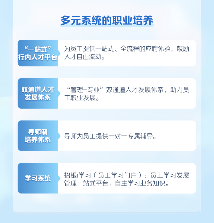 <p>多元系统的职业培养</p>

<table>
<tr><td>“-站式”行内人才平台</td>
<td>为员工提供一-站式、全流程的应聘体验,鼓励人才自由流动。</td>
</tr>
<tr><td colspan="2"></td>
</tr>
<tr><td>双通道人才发展体系</td>
<td>“管理+专业”双通道人才发展体系,助力员工职业发展。</td>
</tr>
<tr><td colspan="2"></td>
</tr>
<tr><td>导师制培养体系</td>
<td>导师为员工提供- -对一专属辅导。</td>
</tr>
<tr><td colspan="2"></td>
</tr>
<tr><td>学习系统</td>
<td>招银i学习(员工学习门户) :员工学习发展管理一站式平台,自主学习业务知识。</td>
</tr>
<tr><td colspan="2"></td>
</tr>
</table>
