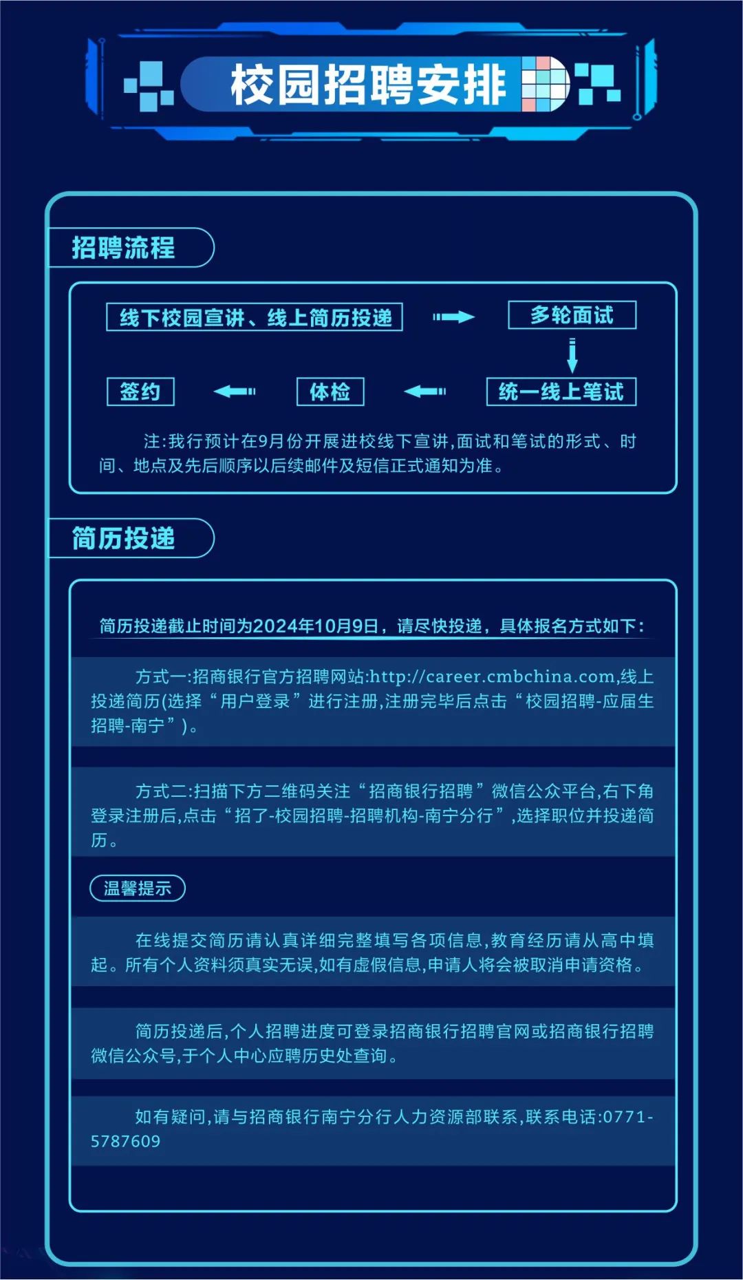 
<table>
<tr><td>n校园招聘安排DH招聘流程</td>
</tr>
<tr><td>[ 线下校园宣讲、线上简历投递] [多轮面试] 签约 体检 统一线上笔试注:我行预计在9月份开展进校线下宣讲,面试和笔试的形式、时间、地点及先后顺序以后续邮件及短信正式通知为准。</td>
</tr>
<tr><td>简历投递</td>
</tr>
<tr><td>简历投递截止时间为2024年10月9日,请尽快投递,具体报名方式如下:方式-:招商银行官方招聘网站:http://career .cmbchina.com,线上投递简历(选择“用户登录”进行注册,注册完毕后点击“校园招聘-应届生招聘-南宁”)。方式二:扫描下方二维码关注“招商银行招聘”微信公众平台,右下角登录注册后,点击“招了-校园招聘招聘机构-南宁分行”,选择职位并投递简历。(温馨提示)在线提交简历请认真详细完整填写各项信息,教育经历请从高中填起。所有个人资料须真实无误,如有虚假信息,申请人将会被取消申请资格。简历投递后,个人招聘进度可登录招商银行招聘官网或招商银行招聘微信公众号,于个人中心应聘历史处查询。如有疑问,请与招商银行南宁分行人力资源部联系,联系电话:0771-5787609</td>
</tr>
<tr><td></td>
</tr>
</table>
