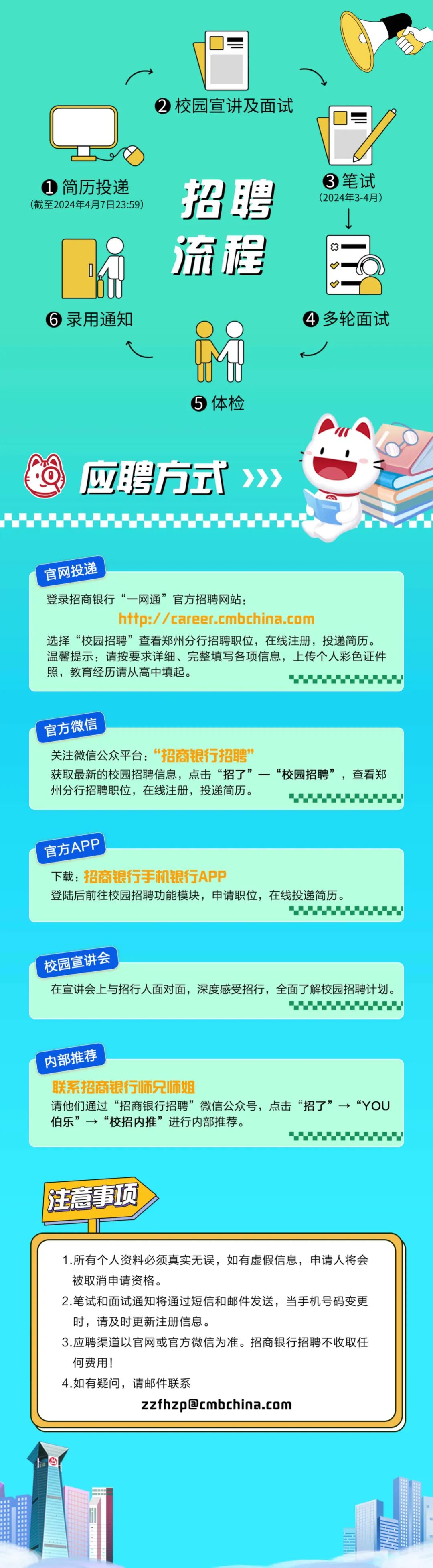 <p>校园宣讲及面试</p>
<p>1简历投递<br/>(截至2024年4月7日23:59)</p>
<p>招聘</p>
<p>流程</p>
<p>3笔试<br/>(2024年3-4月)</p>
<p>6录用通知</p>
<p>多轮面试</p>
<p>5体检</p>
<p>应聘方式<br/>>>></p>
<p>官网投递</p>
<p>登录招商银行<br/>“一网通”官方招聘网站:</p>
<p>http://career.cmbchina.com</p>
<p>选择“校园招聘”查看郑州分行招聘职位，在线注册，投递简历。<br/>温馨提示:请按要求详细、完整填写各项信息，上传个人彩色证件<br/>照，教育经历请从高中填起。</p>
<p>官方微信</p>
<p>关注微信公众平台:“招商银行招聘”</p>
<p>获取最新的校园招聘信息，点击“招了”一“校园招聘”，查看郑</p>
<p>-</p>
<p>州分行招聘职位，在线注册，投递简历。</p>
<p>官方APP</p>
<p>下载:招商银行手机银行APP</p>
<p>登陆后前往校园招聘功能模块，申请职位，在线投递简历。</p>
<p>校园宣讲会</p>
<p>在宣讲会上与招行人面对面，深度感受招行，全面了解校园招聘计划。</p>
<p>内部推荐</p>
<p>联系招商银行师兄师姐</p>
<p>请他们通过“招商银行招聘”微信公众号，点击“招了”→“YOU<br/>伯乐”→“校招内推”进行内部推荐。</p>
<p>注意事项</p>
<p>1.所有个人资料必须真实无误，如有虚假信息，申请人将会<br/>被取消申请资格。</p>
<p>2.笔试和面试通知将通过短信和邮件发送，当手机号码变更<br/>时，请及时更新注册信息。</p>
<p>3.应聘渠道以官网或官方微信为准。招商银行招聘不收取任<br/>何费用!</p>
<p>4.如有疑问，请邮件联系</p>
<p>zzfhzp@cmbchina.com</p>
