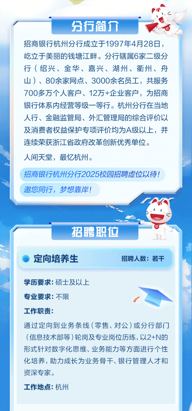 <p>分行简介</p>
<p>招商银行杭州分行成立于1997年4月28日,</p>
<p>屹立于美丽的钱塘江畔。分行辖属6家二级分</p>
<p>行(绍兴、金华、嘉兴、湖州、衢州、舟</p>
<p>山)、80余家网点、3000余名员工,共服务</p>
<p>700多万个人客户、12万+企业客户,为招商</p>
<p>银行体系内经营等级一等行。杭州分行在当地</p>
<p>人行、金融监管局、外汇管理局的综合评价以</p>
<p>及消费者权益保护专项评价均为A级以上,并</p>
<p>连续荣获浙江省政府改革创新优秀单位。</p>
<p>人间天堂,最忆杭州。</p>
<p>招商银行杭州分行2025校园招聘虚位以待!</p>
<p>邀您同行,梦想靠岸!</p>
<p>m四&rdquo;</p>
<p>招聘职位</p>
<p>, 定向培养生招聘人数:若干</p>
<p>学历要求:硕士及以上</p>
<p>专业要求:不限</p>
<p>工作职责:</p>
<p>通过定向到业务条线(零售、对公)或分行部门</p>
<p>(信息技术部等)轮岗及专业岗位历练,以2+N的</p>
<p>形式针对数字化思维、业务能力等方面进行个性</p>
<p>化培养,助力成长为业务骨干、银行管理人才和</p>
<p>资深专家。</p>
<p>工作地点:杭州</p>
