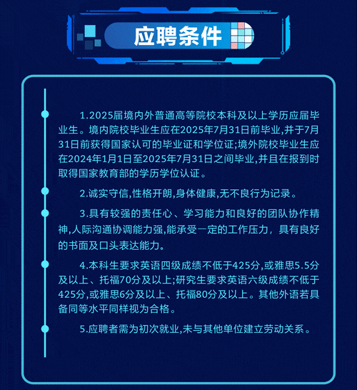 <p>应聘条件</p>
<p>1.2025届境内外普通高等院校本科及以上学历应届毕</p>
<p>业生。境内院校毕业生应在2025年7月31日前毕业,并于7月</p>
<p>31日前获得国家认可的毕业证和学位证;境外院校毕业生应</p>
<p>在2024年1月1日至2025年7月31日之间毕业,并且在报到时</p>
<p>取得国家教育部的学历学位认证。</p>
<p>2.诚实守信,性格开朗,身体健康,无不良行为记录。</p>
<p>3.具有较强的责任心、学习能力和良好的团队协作精</p>
<p>神,人际沟通协调能力强,能承受一定的工作压力,具有良好</p>
<p>的书面及☐头表达能力。</p>
<p>4.本科生要求英语四级成绩不低于425分,或雅思5.5分</p>
<p>及以上、托福70分及以上;研究生要求英语六级成绩不低于</p>
<p>425分,或雅思6分及以上、托福80分及以上。其他外语若具</p>
<p>备同等水平同样视为合格。</p>
<p>5 ,应聘者需为初次就业,未与其他单位建立劳动关系。</p>
