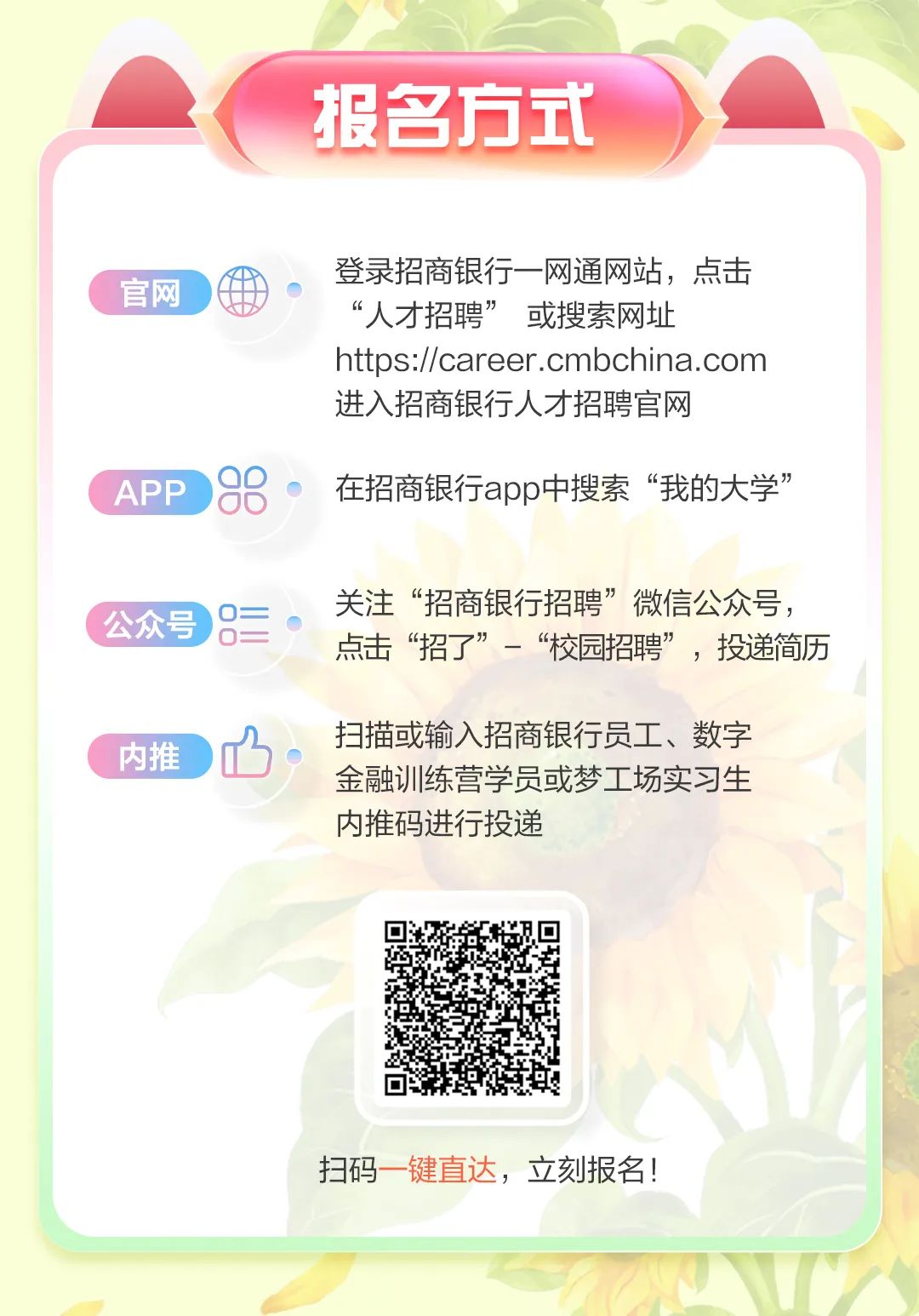 <p>报名方式</p>
<p>登录招商银行一网通网站,点击</p>
<p>官网</p>
<p>&ldquo;人才招聘&rdquo;或搜索网址</p>
<p>https://career.cmbchina.com</p>
<p>进入招商银行人才招聘官网</p>
<p>APP88。在招商银行app中搜索&ldquo;我的大学&rdquo;</p>
<p>关注&ldquo;招商银行招聘&rdquo;微信公众号,</p>
<p>(公众号三。</p>
<p>点击&ldquo;招了&rdquo;一&ldquo;校园招聘&rdquo;,投递简历</p>
<p>内推b。扫描或输入招商银行员工、数字</p>
<p>金融训练营学员或梦工场实习生</p>
<p>内推码进行投递</p>
<p>扫码-键直达,立刻报名!</p>
