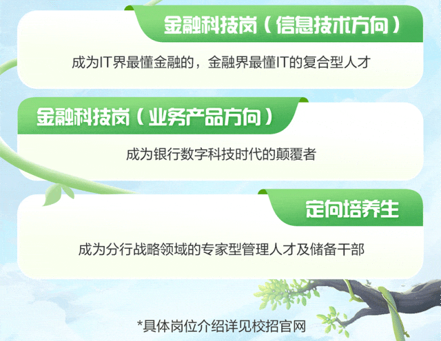 
<table>
<tr><td>金融科技岗(信 息技术方 向)成为IT界最懂金融的,金融界最懂IT的复合型人才</td>
</tr>
<tr><td></td>
</tr>
<tr><td>金融科技岗(业务产品方向) 成为银行数字科技时代的颠覆者定向培养生成为分行战略领域的专家型管理人才及储备干部I*具体岗位介绍详见校招官网</td>
</tr>
</table>
