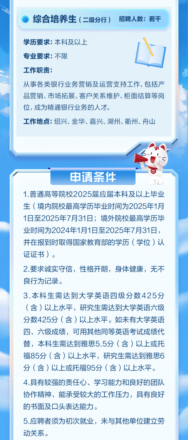 <p>综合培养生(二级分行)</p>
<p>招聘人数:若干</p>
<p>学历要求:本科及以上</p>
<p>专业要求:不限</p>
<p>工作职责:</p>
<p>从事各类银行业务营销及运营支持工作，包括产<br/>品营销、市场拓展、客户关系维护、柜面结算等岗<br/>位，成为精通银行业务的人才。</p>
<p>工作地点:绍兴、金华、嘉兴、湖州、衢州、舟山</p>
<p>申请条件</p>
<p>1.普通高等院校2025届应届本科及以上毕业<br/>生(境内院校最高学历毕业时间为2025年1月<br/>1日至2025年7月31日;境外院校最高学历毕<br/>业时间为2024年1月1日至2025年7月31日，<br/>并在报到时取得国家教育部的学历(学位)认<br/>证证书)。</p>
<p>2.要求诚实守信，性格开朗，身体健康，无不<br/>良行为记录。</p>
<p>3.本科生需达到大学英语四级分数425分<br/>(含)以上水平，研究生需达到大学英语六级<br/>分数425分(含)以上水平。如未有大学英语<br/>四、六级成绩，可用其他同等英语考试成绩代<br/>替，本科生需达到雅思5.5分(含)以上或托<br/>福85分(含)以上水平，研究生需达到雅思6<br/>分(含)以上或托福95分(含)以上水平。<br/>4.具有较强的责任心、学习能力和良好的团队<br/>协作精神，能承受较大的工作压力，具有良好<br/>的书面及口头表达能力。</p>
<p>5.应聘者须为初次就业，未与其他单位建立劳<br/>动关系。</p>
