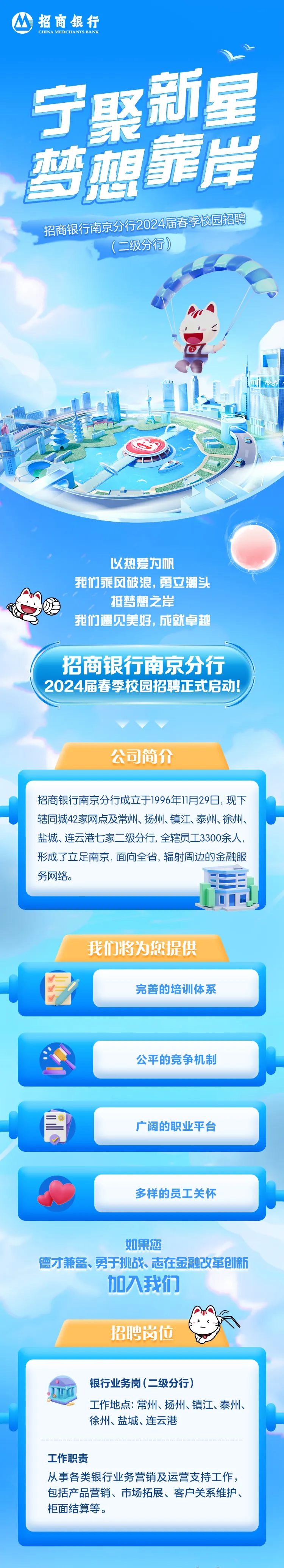 <p>CHINA MERCHANTSBANK</p>
<p>宁聚新星</p>
<p>本相靠岸</p>
<p>招商银行南京分行7024新校园招聘</p>
<p>(二级分行)</p>
<p>n</p>
<p>、</p>
<p>以热爱为帆</p>
<p>我们乘风破浪,勇立潮头</p>
<p>抵梦想之岸</p>
<p>我们遇见美好,成就卓越</p>
<p>招商银行南京分行</p>

<table>
<tr><td colspan="2">2024届春季校园招</td>
<td>聘正式启动!</td>
</tr>
<tr><td colspan="3">电公司简介</td>
</tr>
<tr><td colspan="3">招商银行南京分行成立于1996年11月29日,现下辖同城42家网点及常州、扬州、镇江、泰州、徐州、盐城、连云港七家二级分行,全辖员工3300余人,形成了立足南京,面向全省,辐射周边的金融服务网络。IL我们将为您提供完善的培训体系</td>
</tr>
<tr><td colspan="3">公平的竞争机制</td>
</tr>
<tr><td>"</td>
<td colspan="2">广阔的职业平台</td>
</tr>
<tr><td>C\'</td>
<td colspan="2">多样的员工关怀</td>
</tr>
<tr><td colspan="3">如果您德才兼备、勇于挑战、志在金融改革创新加入我们招聘岗位</td>
</tr>
<tr><td colspan="3">IMD 银行业务岗(二级分行)JI工作地点:常州、扬州、镇江、泰州、徐州、盐城、连云港</td>
</tr>
<tr><td colspan="3">工作职责从事各类银行业务营销及运营支持工作,包括产品营销、市场拓展、客户关系维护、柜面结算等。</td>
</tr>
</table>
