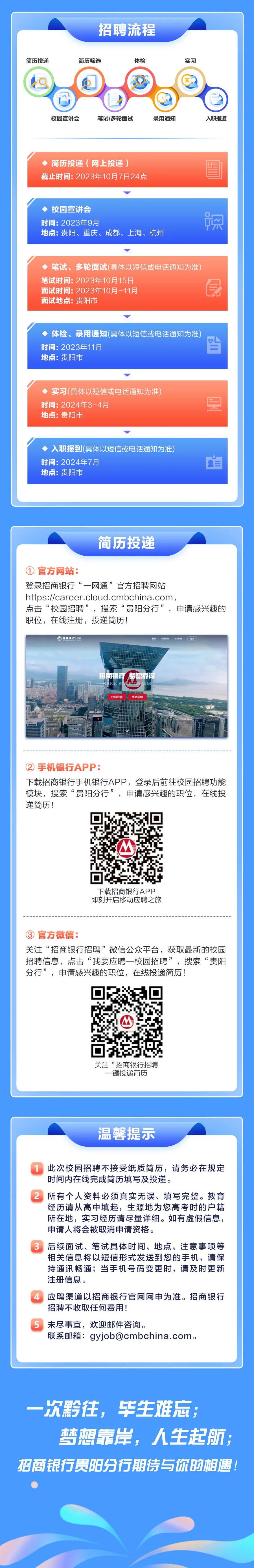 <p>简历投递</p>
<p>招聘流程</p>
<p>简历筛选</p>
<p>体检</p>
<p>实习</p>
<p>校园宣讲会</p>
<p>笔试/多轮面试</p>
<p>录用通知</p>
<p>入职报道</p>
<p>简历投递(网上投递)</p>
<p>截止时间:2023年10月7日24点</p>
<p>校园宣讲会</p>
<p>时间:2023年9月</p>
<p>地点:贵阳、重庆、成都、上海、杭州</p>
<p>C</p>
<p>笔试、多轮面试(具体以短信或电话通知为准)<br/>笔试时间:2023年10月15日</p>
<p>面试时间:2023年10月-11月</p>
<p>面试地点:贵阳市</p>
<p>体检、录用通知(具体以短信或电话通知为准)<br/>时间:2023年11月</p>
<p>地点:贵阳市</p>
<p>实习(具体以短信或电话通知为准)<br/>时间:2024年3-4月</p>
<p>地点:贵阳市</p>
<p>入职报到(具体以短信或电话通知为准)<br/>时间:2024年7月</p>
<p>地点:贵阳市</p>
<p>简历投递</p>
<p>官方网站:</p>
<p>登录招商银行&ldquo;一网通&rdquo;官方招聘网站</p>
<p>https://career.cloud.cmbchina.com,</p>
<p>点击&ldquo;校园招聘&rdquo;，搜索&ldquo;贵阳分行&rdquo;，申请感兴趣的<br/>职位，在线注册，投递简历!</p>
<p>招商行 巡</p>
<p>招商银行</p>
<p>校园招聘</p>
<p>理</p>
<p>社会招聘</p>
<p>手机银行APP:</p>
<p>下载招商银行手机银行APP，登录后前往校园招聘功能<br/>模块，搜索&ldquo;贵阳分行&rdquo;，申请感兴趣的职位，在线投<br/>递简历!</p>
<p>下载招商银行APP<br/>即刻开启移动应聘之旅</p>
<p>官方微信:</p>
<p>关注&ldquo;招商银行招聘&rdquo;微信公众平台，获取最新的校园<br/>招聘信息，点击&ldquo;我要应聘一校园招聘&rdquo;，搜索&ldquo;贵阳<br/>分行&rdquo;，申请感兴趣的职位，在线投递简历!</p>
<p>关注&ldquo;招商银行招聘</p>
<p>一键投递简历</p>
<p>温馨提示</p>
<p>此次校园招聘不接受纸质简历，请务必在规定<br/>时间内在线完成简历填写及投递。</p>
<p>2所有个人资料必须真实无误、填写完整。教育</p>
<p>经历请从高中填起，生源地为您高考时的户籍<br/>所在地，实习经历请尽量详细。如有虚假信息，<br/>申请人将会被取消申请资格。</p>
<p>3后续面试、笔试具体时间、地点、注意事项等</p>
<p>相关信息将以短信形式发送到您的手机，请保<br/>持通讯畅通;当手机号码变更时，请及时更新<br/>注册信息。</p>
<p>.-</p>
<p>-</p>
<p>4应聘渠道以招商银行官网网申为准。招商银行<br/>招聘不收取任何费用!</p>
<p>5 未尽事宜，欢迎邮件咨询。</p>
<p>联系邮箱:gyjob@cmbchina.com。</p>
<p>一次黔往，毕生难忘;</p>
<p>梦想靠岸，人生起航;</p>
<p>招商银行贵阳分行期待与你的相遇!</p>
