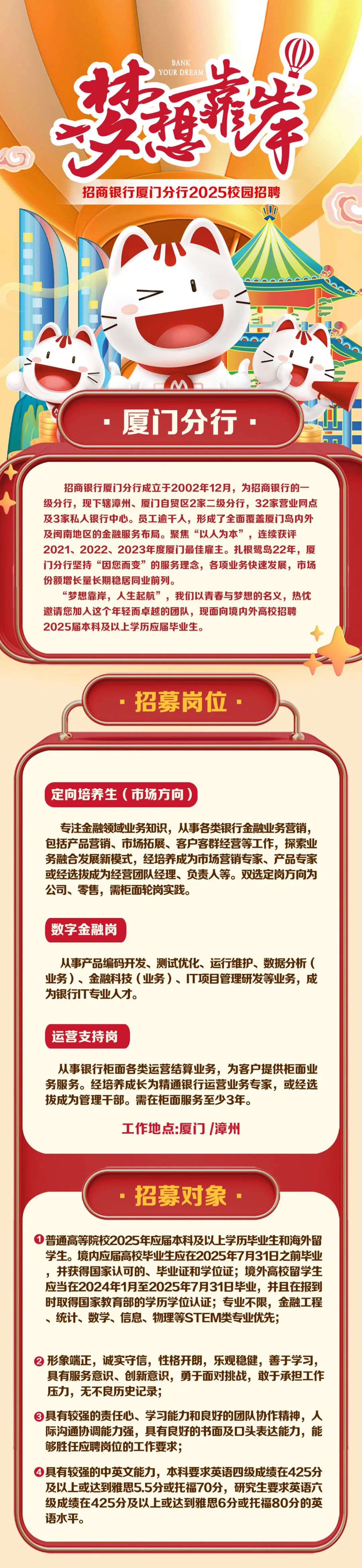 <p>BANK</p>
<p>岸</p>
<p>招商银行厦门分行2025校园招聘</p>
<p>厦门分行</p>
<p>招商银行厦门分行成立于2002年12月，为招商银行的一<br/>级分行，现下辖漳州、厦门自贸区2家二级分行，32家营业网点<br/>及3家私人银行中心。员工逾千人，形成了全面覆盖厦门岛内外<br/>及闽南地区的金融服务布局。聚焦&ldquo;以人为本&rdquo;，连续获评<br/>2021、2022、2023年度厦门最佳雇主。扎根鹭岛22年，厦<br/>门分行坚持&ldquo;因您而变&rdquo;的服务理念，各项业务快速发展，市场<br/>份额增长量长期稳居同业前列。</p>
<p>&ldquo;梦想靠岸，人生起航&rdquo;，我们以青春与梦想的名义，热忱<br/>邀请您加入这个年轻而卓越的团队，现面向境内外高校招聘<br/>2025届本科及以上学历应届毕业生。</p>
<p>招募岗位</p>
<p>定向培养生(市场方向)</p>
<p>专注金融领域业务知识，从事各类银行金融业务营销，<br/>包括产品营销、市场拓展、客户客群经营等工作，探索业<br/>务融合发展新模式，经培养成为市场营销专家、产品专家<br/>或经选拔成为经营团队经理、负责人等。双选定岗方向为<br/>公司、零售，需柜面轮岗实践。</p>
<p>数字金融岗</p>
<p>从事产品编码开发、测试优化、运行维护、数据分析(<br/>业务)、金融科技(业务)、IT项目管理研发等业务，成<br/>为银行IT专业人才。</p>
<p>运营支持岗</p>
<p>从事银行柜面各类运营结算业务，为客户提供柜面业<br/>务服务。经培养成长为精通银行运营业务专家，或经选<br/>拔成为管理干部。需在柜面服务至少3年。</p>
<p>工作地点:厦门/漳州</p>
<p>招募对象</p>
<p>普通高等院校2025年应届本科及以上学历毕业生和海外留<br/>学生。境内应届高校毕业生应在2025年7月31日之前毕业<br/>，并获得国家认可的、毕业证和学位证;境外高校留学生<br/>应当在2024年1月至2025年7月31日毕业，并且在报到<br/>时取得国家教育部的学历学位认证;专业不限，金融工程<br/>、统计、数学、信息、物理等STEM类专业优先;</p>
<p>形象端正，诚实守信，性格开朗，乐观稳健，善于学习，<br/>具有服务意识、创新意识，勇于面对挑战，敢于承担工作<br/>压力，无不良历史记录;</p>
<p>3<br/>具有较强的责任心、学习能力和良好的团队协作精神，人<br/>际沟通协调能力强，具有良好的书面及口头表达能力，能<br/>够胜任应聘岗位的工作要求;</p>
<p>)具有较强的中英文能力，本科要求英语四级成绩在425分<br/>及以上或达到雅思5.5分或托福70分，研究生要求英语六<br/>级成绩在425分及以上或达到雅思6分或托福80分的英<br/>语水平。</p>
