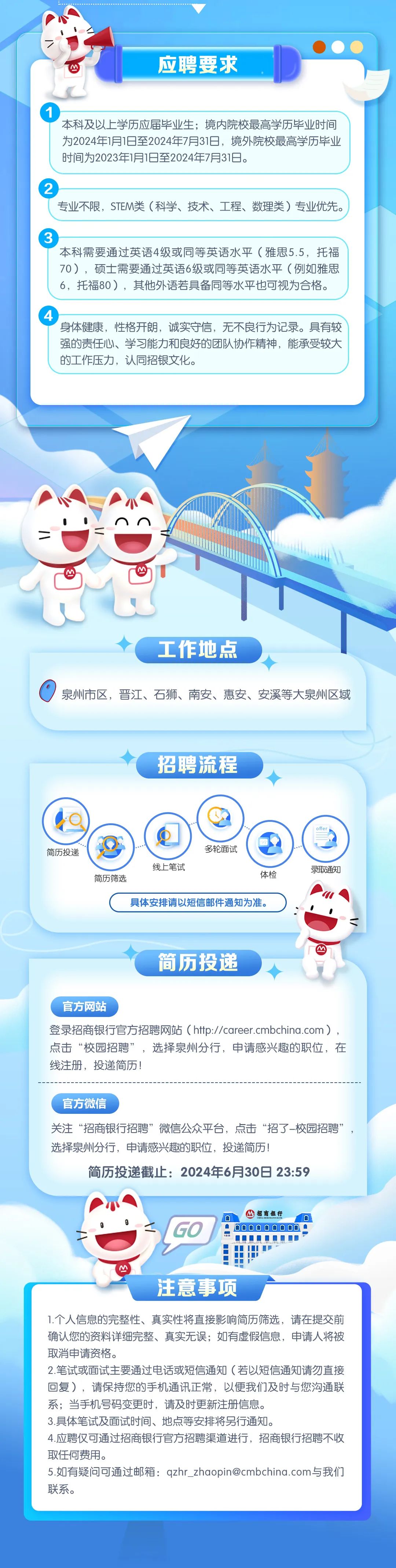 <p>应聘要求</p>
<p>本科及以上学历应届毕业生;境内院校最高学历毕业时间<br/>为2024年1月1日至2024年7月31日，境外院校最高学历毕业<br/>时间为2023年1月1日至2024年7月31日。</p>
<p>2</p>
<p>专业不限，STEM类(科学、技术、工程、数理类)专业优先。</p>
<p>本科需要通过英语4级或同等英语水平(雅思5.5，托福<br/>70)，硕士需要通过英语6级或同等英语水平(例如雅思<br/>6，托福80)，其他外语若具备同等水平也可视为合格。</p>
<p>4<br/>身体健康，性格开朗，诚实守信，无不良行为记录。具有较<br/>强的责任心、学习能力和良好的团队协作精神，能承受较大<br/>的工作压力，认同招银文化。</p>
<p>工作地点</p>
<p>泉州市区，晋江、石狮、南安、惠安、安溪等大泉州区域</p>
<p>招聘流程</p>
<p>简历投递</p>
<p>简历筛选</p>
<p>线上笔试</p>
<p>多轮面试</p>
<p>体检</p>
<p>录取通知</p>
<p>具体安排请以短信邮件通知为准。</p>
<p>简历投递</p>
<p>官方网站</p>
<p>登录招商银行官方招聘网站(http://career.cmbchina.com)，<br/>点击“校园招聘”，选择泉州分行，申请感兴趣的职位，在<br/>线注册，投递简历!</p>
<p>官方微信</p>
<p>关注“招商银行招聘”微信公众平台，点击“招了-校园招聘”<br/>选择泉州分行，申请感兴趣的职位，投递简历!</p>
<p>简历投递截止:2024年6月30日23:59</p>
<p>招商银行</p>
<p>111111118</p>
<p>注意事项</p>
<p>1.个人信息的完整性、真实性将直接影响简历筛选，请在提交前<br/>确认您的资料详细完整、真实无误;如有虚假信息，申请人将被<br/>取消申请资格。</p>
<p>2.笔试或面试主要通过电话或短信通知(若以短信通知请勿直接<br/>回复)，请保持您的手机通讯正常，以便我们及时与您沟通联<br/>系;当手机号码变更时，请及时更新注册信息。</p>
<p>3.具体笔试及面试时间、地点等安排将另行通知。</p>
<p>4.应聘仅可通过招商银行官方招聘渠道进行，招商银行招聘不收<br/>取任何费用。</p>
<p>5.如有疑问可通过邮箱:qzhr_zhaopin@cmbchina.com与我们<br/>联系。</p>
