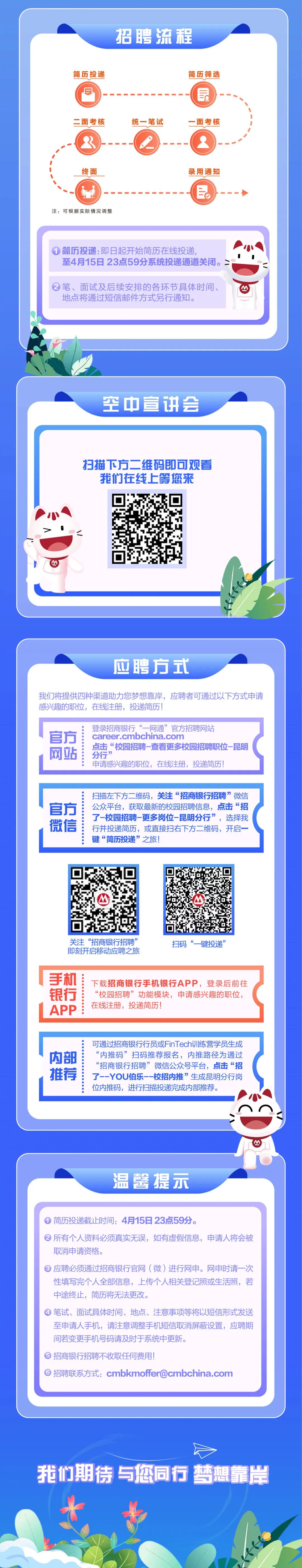 <p>简历投递</p>
<p>招聘流程</p>
<p>简历筛选</p>
<p>二面考核</p>
<p>统一笔试</p>
<p>-面考核</p>
<p>终面</p>
<p>录用通知</p>
<p>注:可根据实际情况调整</p>
<p>0</p>
<p>简历投递:即日起开始简历在线投递</p>
<p>至4月15日23点59分系统投递通道关闭。></p>
<p>笔、面试及后续安排的各环节具体时间、<br/>地点将通过短信邮件方式另行通知。</p>
<p>L</p>
<p>空中宣讲会</p>
<p>扫描下方二维码即可观看</p>
<p>我们在线上等您来</p>
<p>应聘方式</p>
<p>我们将提供四种渠道助力您梦想靠岸，应聘者可通过以下方式申请<br/>感兴趣的职位，在线注册，投递简历!</p>
<p>官方</p>
<p>网站</p>
<p>登录招商银行“一网通”官方招聘网站<br/>career.cmbchina.com</p>
<p>点击“校园招聘-查看更多校园招聘职位-昆明<br/>分行”</p>
<p>申请感兴趣的职位，在线注册，投递简历!</p>
<p>官方</p>
<p>微信</p>
<p>扫描左下方二维码，关注“招商银行招聘”微信<br/>公众平台，获取最新的校园招聘信息，点击“招<br/>了-校园招聘-更多岗位-昆明分行”，选择我<br/>行并投递简历，或直接扫右下方二维码，开启一<br/>键“简历投递”之旅!</p>
<p> <br/> <br/>关注“招商银行招聘”<br/>即刻开启移动应聘之旅</p>
<p>扫码“一键投递’</p>
<p>手机</p>
<p>银行</p>
<p>APP</p>
<p>下载招商银行手机银行APP，登录后前往<br/>“校园招聘”功能模块，申请感兴趣的职位，<br/>在线注册，投递简历!</p>
<p>内部</p>
<p>推荐</p>
<p>可通过招商银行行员或FinTech训练营学员生成<br/>“内推码”扫码推荐报名，内推路径为通过<br/>“招商银行招聘”微信公众号平台，点击“招<br/>了--YOU伯乐--校招内推”生成昆明分行岗<br/>位内推码，进行扫描投递完成内部推荐。</p>
<p>温馨提示</p>
<p>简历投递截止时间:4月15日23点59分。</p>
<p>所有个人资料必须真实无误，如有虚假信息，申请人将会被<br/>取消申请资格。</p>
<p>应聘必须通过招商银行官网(微)进行网申。网申时请一次<br/>性填写完个人全部信息，上传个人相关登记照或生活照，若<br/>中途终止，简历将无法更改。</p>
<p>笔试、面试具体时间、地点、注意事项等将以短信形式发送<br/>至申请人手机，请注意调整手机短信取消屏蔽设置，应聘期<br/>间若变更手机号码请及时于系统中更新。</p>
<p>招商银行招聘不收取任何费用!</p>
<p>招聘联系方式:cmbkmoffer@cmbchina.com</p>
<p>我们期待与您同行梦想靠岸</p>
