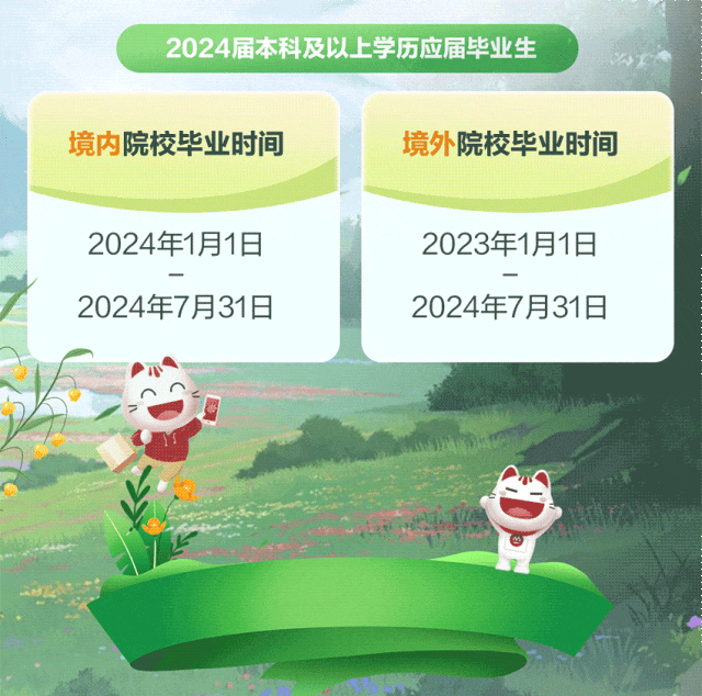 <p>2024届本科及以上学历应届毕业生</p>
<p>境内院校毕业时间境外院校毕业时间</p>
<p>2024年1月1日2023年1月1日</p>
<p>2024年7月31日2024年7月31日</p>
