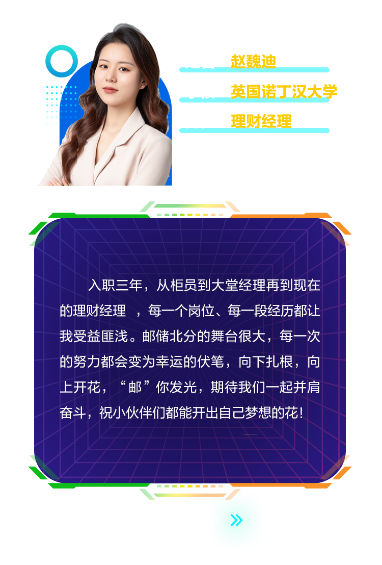 <p>赵魏迪</p>
<p>英国诺丁汉大学<br/>理财经理</p>
<p>入职三年，从柜员到大堂经理再到现在<br/>的理财经理，每一个岗位、每一段经历都让<br/>我受益匪浅。邮储北分的舞台很大，每一次<br/>的努力都会变为幸运的伏笔，向下扎根，向<br/>上开花，&ldquo;邮&rdquo;你发光，期待我们一起并肩<br/>奋斗，祝小伙伴们都能开出自己梦想的花!</p>
<p> </p>
