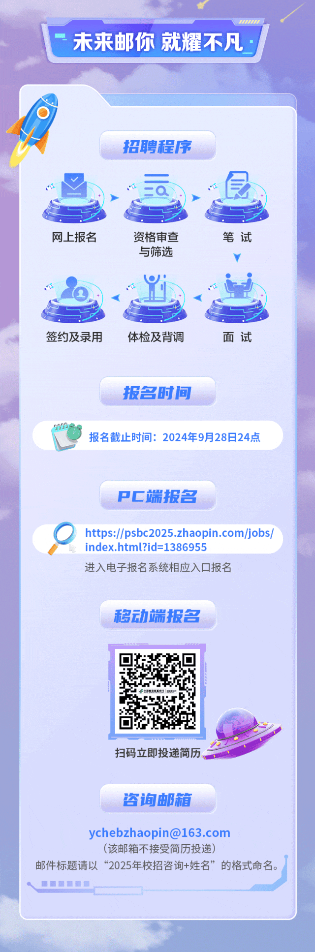 <p>uww</p>
<p>C未来邮你就耀不凡</p>
<p>招聘程序</p>
<p>层</p>
<p>网上报名资格审查笔试</p>
<p>与筛选Y</p>
<p>乡</p>
<p>签约及录用体检及背调面试</p>
<p>报名时间</p>
<p>00029</p>
<p>报名截止时间: 2024年9月28日24点</p>
<p>PC端报名</p>
<p>https://psbc2025.zhaopin.com/jobs/</p>
<p>index.html?id=1386955</p>
<p>进入电子报名系统相应入☐报名</p>
<p>移动端报名</p>
<p>f</p>
<p>扫码立即投递简历。</p>
<p>咨询邮箱</p>
<p>ychebzhaopin@163.com</p>
<p>(该邮箱不接受简历投递)</p>
<p>邮件标题请以“2025年校招咨询+姓名”的格式命名。</p>
<p>    </p>
