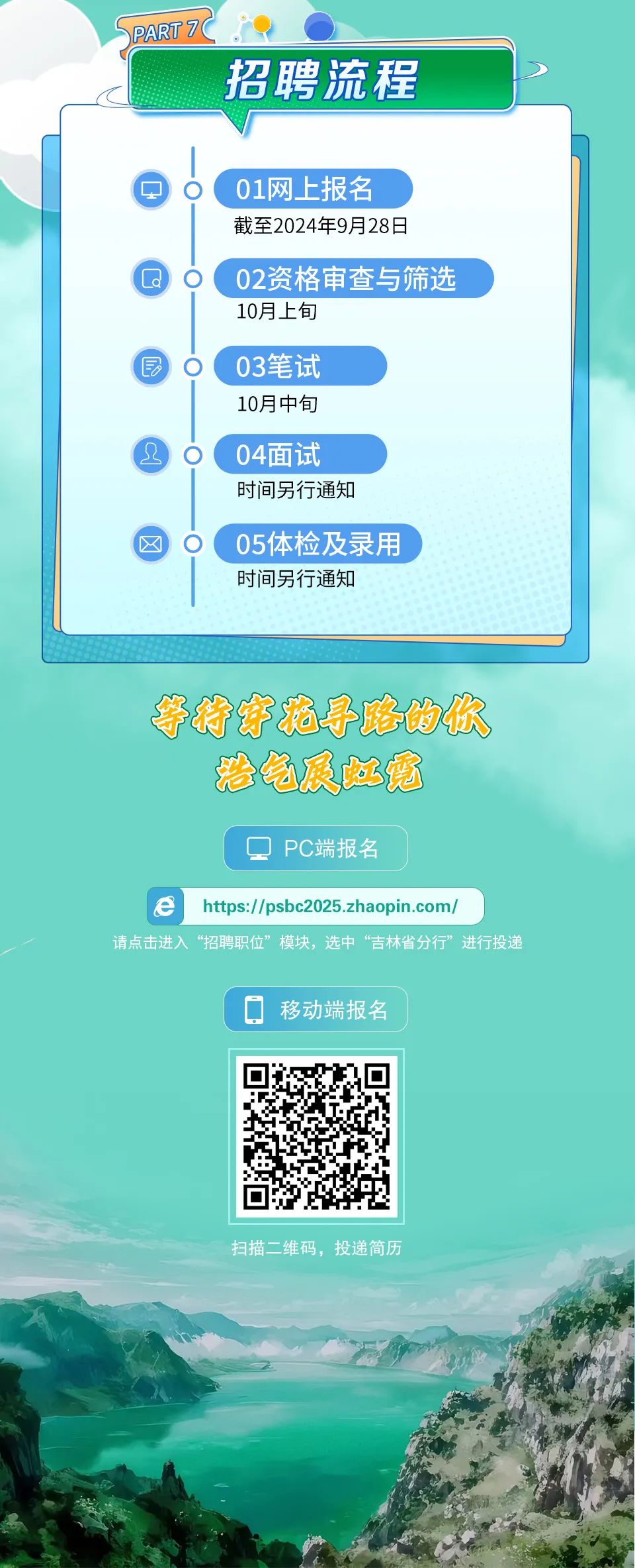 <p>PART 7</p>
<p>招聘流程</p>
<p>01网上报名<br/>截至2024年9月28日</p>
<p>02资格审查与筛选<br/>10月上旬</p>
<p>03笔试<br/>10月中旬<br/>04面试<br/>时间另行通知</p>
<p>05体检及录用<br/>时间另行通知</p>
<p>华持芽施寻路的你</p>
<p>治绝展虹霓</p>
<p> PC端报名</p>
<p>https://psbc2025.zhaopin.com</p>
<p>请点击进入“招聘职位”模块，选中“吉林省分行”进行投递</p>
<p>移动端报名</p>
<p>扫描二维码，投递简历</p>
