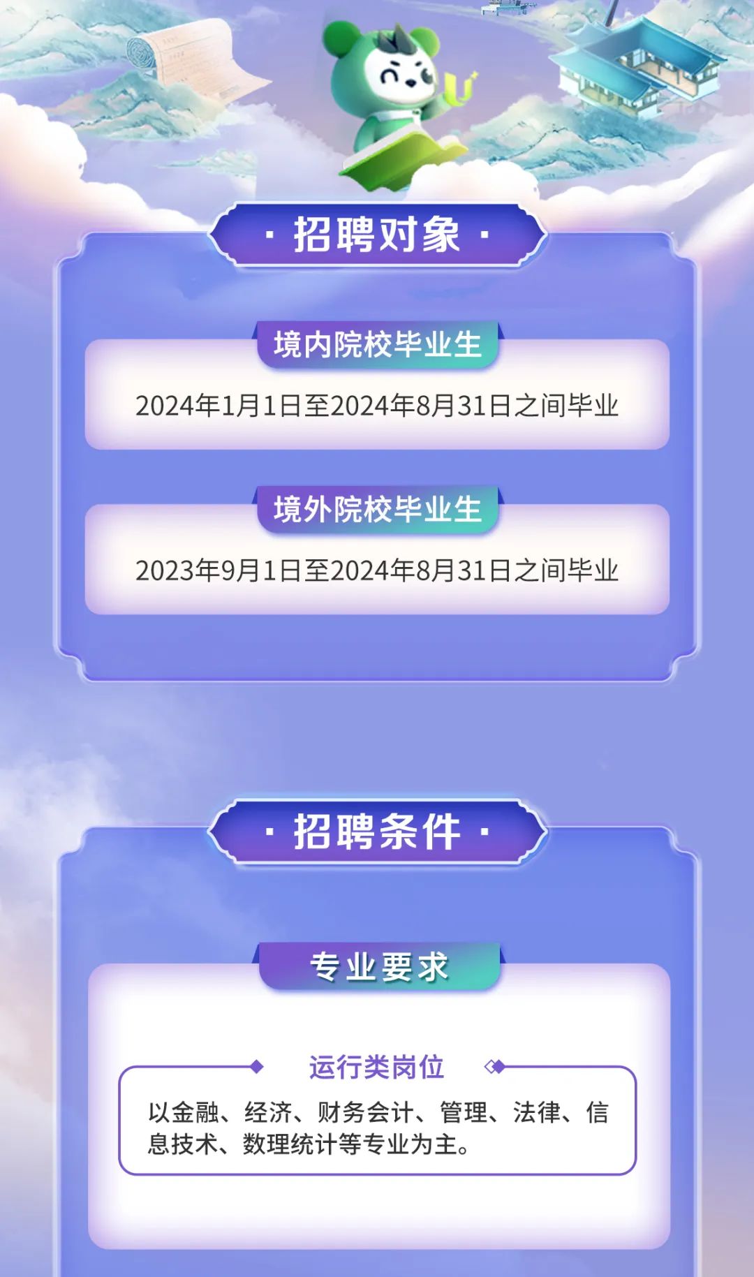 <p>r.</p>
<p>招聘对象</p>
<p>\'境内院校毕业生</p>
<p>2024年1月1日至2024年8月31日之间毕业</p>

<table>
<tr><td>\'境外院校毕业生 I2023年9月1日至2024年8月31日之间毕业</td>
</tr>
<tr><td></td>
</tr>
<tr><td>. 招聘条件. y专业要求 I运行类岗位 <◆&larr;以金融、经济、财务会计、管理、法律、信息技术、数理统计等专业为主。</td>
</tr>
</table>
