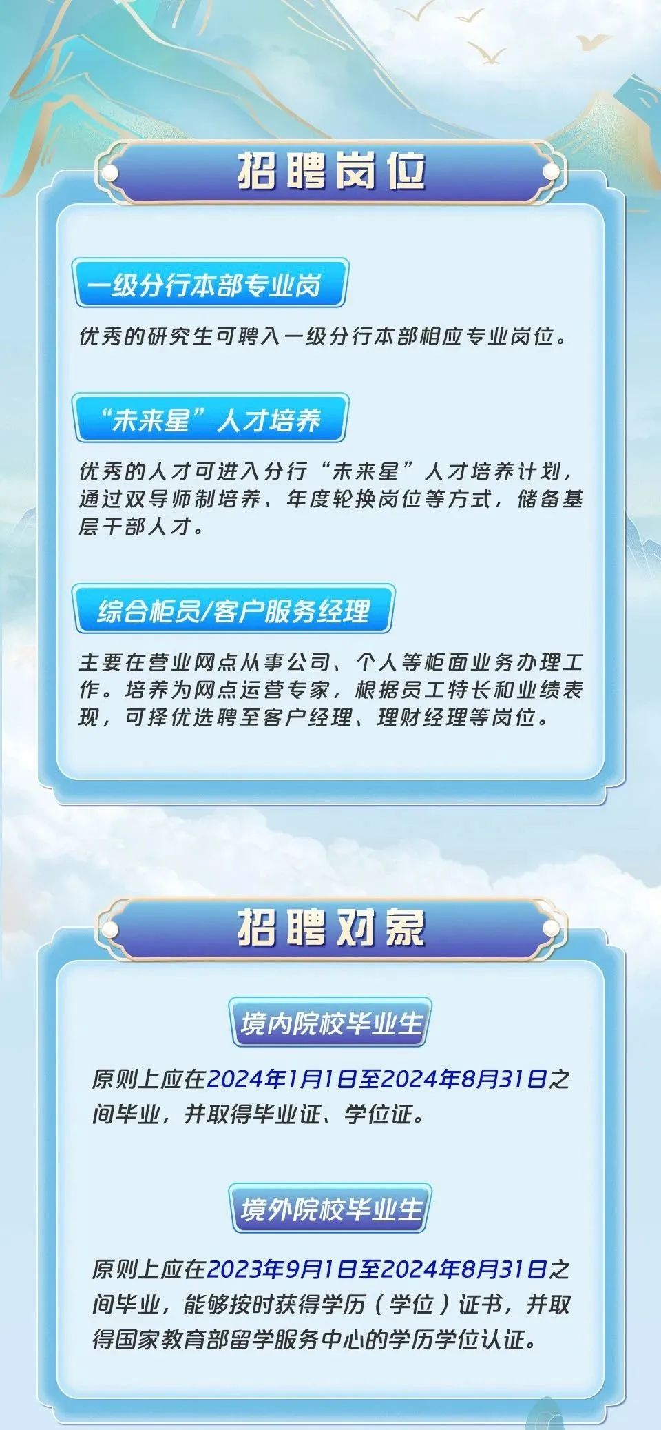 <p>招聘岗位</p>
<p>级分行本部专业岗</p>
<p>优秀的研究生可聘入一级分行本部相应专业岗位。</p>
<p>“未来星”人才培养</p>
<p>优秀的人才可进入分行“未来星”人才培养计划，<br/>通过双导师制培养，年度轮换岗位等方式，储备基<br/>层干部人才。</p>
<p>综合柜员/客户服务经理</p>
<p>主要在营业网点从事公司、个人等柜面业务办理工<br/>作。培养为网点运营专家，根据员工特长和业绩表<br/>现，可择优选聘至客户经理、理财经理等岗位。</p>
<p>招聘对象</p>
<p>境内院校毕业生</p>
<p>原则上应在2024年1月1日至2024年8月31日之<br/>间毕业，并取得毕业证、学位证。</p>
<p>境外院校毕业生</p>
<p>原则上应在2023年9月1日至2024年8月31日之<br/>间毕业，能够按时获得学历(学位)证书，并取<br/>得国家教育部留学服务中心的学历学位认证。</p>
