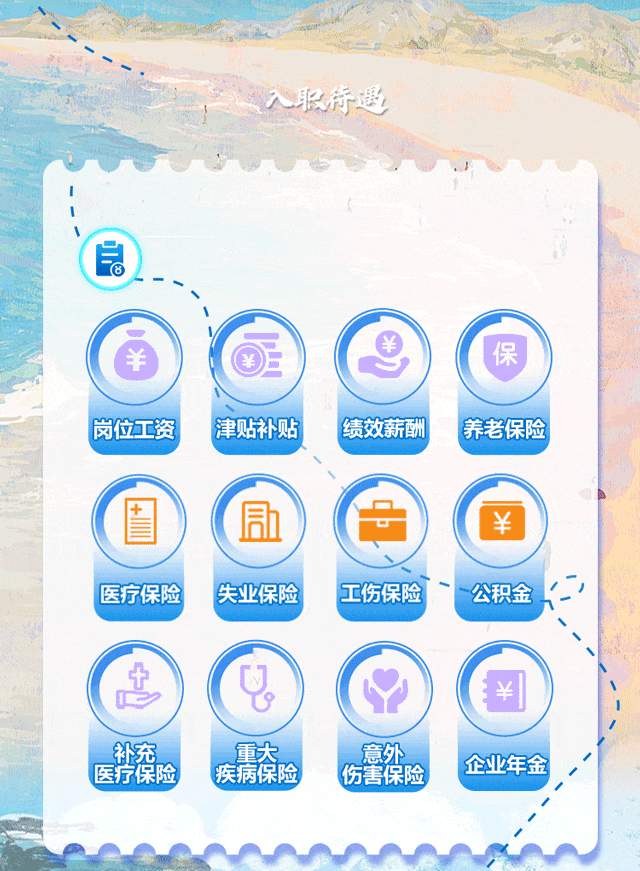 <p>入职待遇</p>
<p>i6</p>
<p>&yen;保</p>
<p>岗位工资津贴补贴绩效薪酬养老保险</p>
<p>局&yen;</p>
<p>医疗保险失业保险工伤保险公积金 </p>
<p>意)(G&yen;</p>
<p>补充医疗保险疾病保险重大意外伤害保险企业年金</p>
