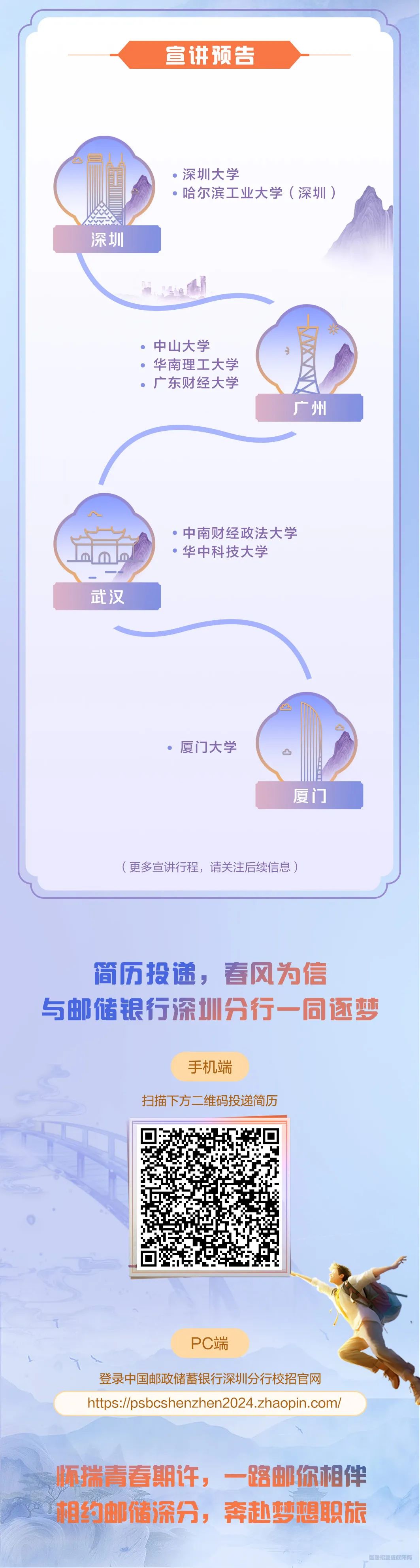 <p>宣讲预告</p>
<p>深圳大学</p>
<p>哈尔滨工业大学(深圳)</p>
<p>深圳</p>
<p>中山大学</p>
<p>华南理工大学<br/>广东财经大学</p>
<p>广州</p>
<p>中南财经政法大学<br/>华中科技大学</p>
<p>武汉</p>
<p>厦门大学</p>
<p>厦门</p>
<p>(更多宣讲行程，请关注后续信息)</p>
<p>简历投递，春风为信</p>
<p>与邮储银行深圳分行一同逐梦</p>
<p>手机端</p>
<p>扫描下方二维码投递简历</p>
<p>PC端</p>
<p>登录中国邮政储蓄银行深圳分行校招官网<br/>https://psbcshenzhen2024.zhaopin.com/</p>
<p>豚揣青春期许，一路邮你相伴<br/>相约邮储深分，奔赴梦想职旅</p>
<p>智联招管版权所有</p>
