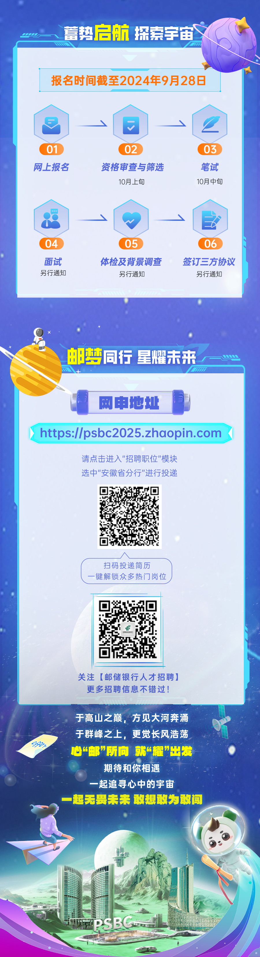<p>蓄势启航探索宇宙</p>
<p>报名时间截至2024年9月28日</p>
<p>01<br/>网上报名</p>
<p>02</p>
<p>资格审查与筛选<br/>10月上旬</p>
<p>03</p>
<p>笔试</p>
<p>10月中旬</p>
<p>04</p>
<p>面试<br/>另行通知</p>
<p>06</p>
<p>体检及背景调查<br/>另行通知</p>
<p>签订三方协议</p>
<p>另行通知</p>
<p>邮梦同行星耀未来</p>
<p>网申地址</p>
<p>https://psbc2025.zhaopin.com</p>
<p>请点击进入"招聘职位"模块<br/>选中"安徽省分行"进行投递</p>
<p>扫码投递简历</p>
<p>-键解锁众多热门岗位</p>
<p>关注[邮储银行人才招聘)</p>
<p>更多招聘信息不错过</p>
<p>于高山之巅，方见大河奔涌<br/>于群峰之上，更觉长风浩荡<br/>心“邮”所向就“耀”出发</p>
<p>期待和你相遇</p>
<p>起追寻心中的宇宙</p>
<p>一起无畏未主来敢想敢为敢词</p>
