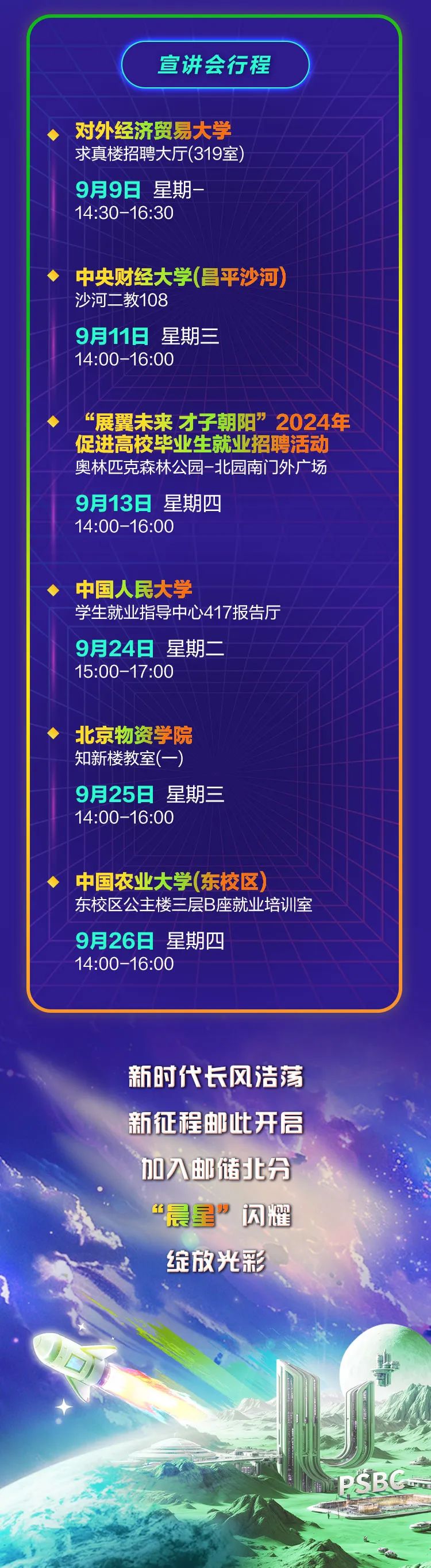 <p>宣讲会行程</p>
<p>对外经济贸易大学</p>
<p>求真楼招聘大厅(319室)</p>
<p>9月9日星期-</p>
<p>14:30-16:30</p>
<p>中央财经大学(昌平沙河)</p>
<p>沙河二教108</p>
<p>9月11日星期三</p>
<p>14:00-16:00</p>
<p>&ldquo;展翼未来才子朝阳&rdquo;2024年</p>
<p>促进高校毕业生就业招聘活动</p>
<p>奥林匹克森林公园-北园南]外广场</p>
<p>9月13日星期四</p>
<p>14:00-16:00</p>
<p>中国人民大学</p>
<p>学生就业指导中心417报告厅</p>
<p>9月24日星期二</p>
<p>15:00-17:00</p>
<p>北京物资学院</p>
<p>知新楼教室(一)</p>
<p>9月25日星期三</p>
<p>14:00-16:O0</p>
<p>中国农业大学(东校区)</p>
<p>东校区公主楼三层B座就业培训室</p>
<p>9月26日星期四</p>
<p>14:00-16:00</p>
<p>新时代长风浩荡</p>
<p>新征程邮此开启</p>
<p>加入邮储北分</p>
<p>&ldquo;晨星&rdquo;&rdquo;闪耀</p>
<p>绽放光彩</p>
<p>PSBC</p>

