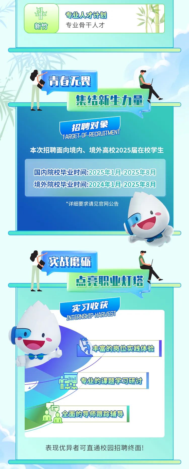 <p>表现优异者可直通校园招聘终面!</p>

<table>
<tr><td>那新竹</td>
<td>YN专业人才计划专业骨干人才 Y</td>
<td></td>
<td></td>
</tr>
<tr><td colspan="4">青春无贸集结新生力量招聘对象。TARE OF RCUMET本次招聘面向境内、境外高校2025届在校学生国内院校毕业时间:2025年1月-2025年8月境外院校毕业时间:2024年1月-2025年8月*详细要求请见官网公告s实战唐砺点亮职业灯塔、实习收获</td>
</tr>
<tr><td colspan="2">MNENSU HARVESE字 丰富的岗位实践体验2州专业的课题学习研计dEh五全面的导师跟踪辅导单血</td>
<td></td>
<td></td>
</tr>
</table>
