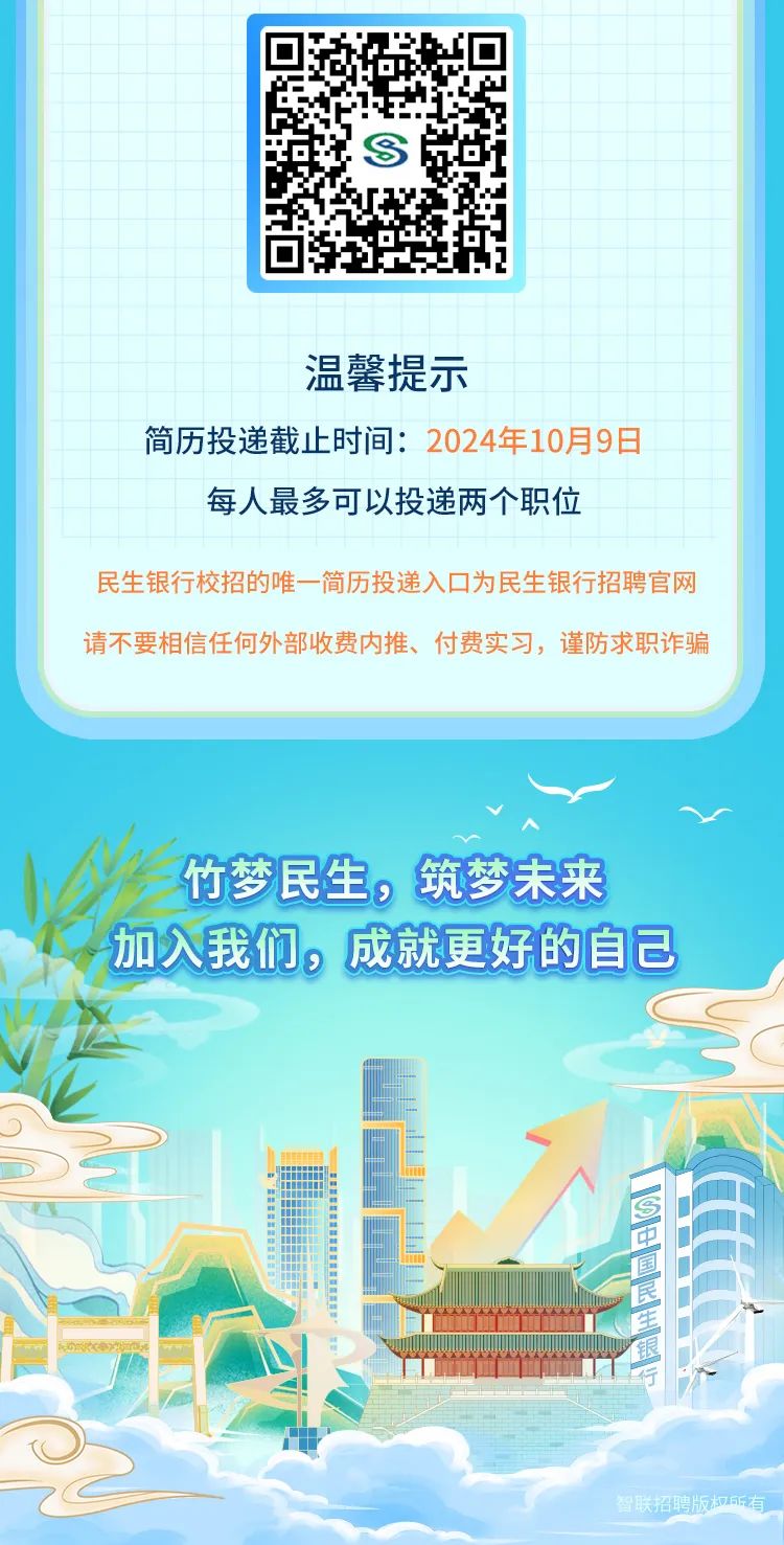 
<table>
<tr><td></td>
<td colspan="4"></td>
<td></td>
<td rowspan="2"></td>
</tr>
<tr><td></td>
<td colspan="4"></td>
<td></td>
</tr>
<tr><td></td>
<td colspan="4">,</td>
<td></td>
<td></td>
</tr>
<tr><td></td>
<td colspan="4">5</td>
<td></td>
<td></td>
</tr>
<tr><td></td>
<td colspan="3">S</td>
<td rowspan="2"></td>
<td></td>
<td></td>
</tr>
<tr><td></td>
<td colspan="3">,</td>
<td></td>
<td></td>
</tr>
<tr><td></td>
<td colspan="4">,</td>
<td></td>
<td></td>
</tr>
<tr><td></td>
<td></td>
<td rowspan="2"></td>
<td colspan="2"></td>
<td></td>
<td></td>
</tr>
<tr><td></td>
<td></td>
<td>o J] 2</td>
<td></td>
<td rowspan="2"></td>
<td rowspan="2"></td>
</tr>
<tr><td colspan="4"></td>
<td></td>
</tr>
<tr><td colspan="4">温馨提示</td>
<td></td>
<td></td>
<td></td>
</tr>
<tr><td colspan="4">简历投递截止时间: 2024年10月9日</td>
<td></td>
<td></td>
<td></td>
</tr>
<tr><td></td>
<td colspan="5">每人最多可以投递两个职位</td>
<td></td>
</tr>
<tr><td colspan="7">民生银行校招的唯一简历投递入☐为民生银行招聘官网请不要相信任何外部收费内推、付费实习,谨防求职诈骗竹梦民生,筑梦未来加入我们, 成就更好的自己x一D国 日</td>
</tr>
<tr><td colspan="5">5</td>
<td>电</td>
<td> I</td>
</tr>
<tr><td colspan="5">一 。. LL</td>
<td></td>
<td></td>
</tr>
</table>
