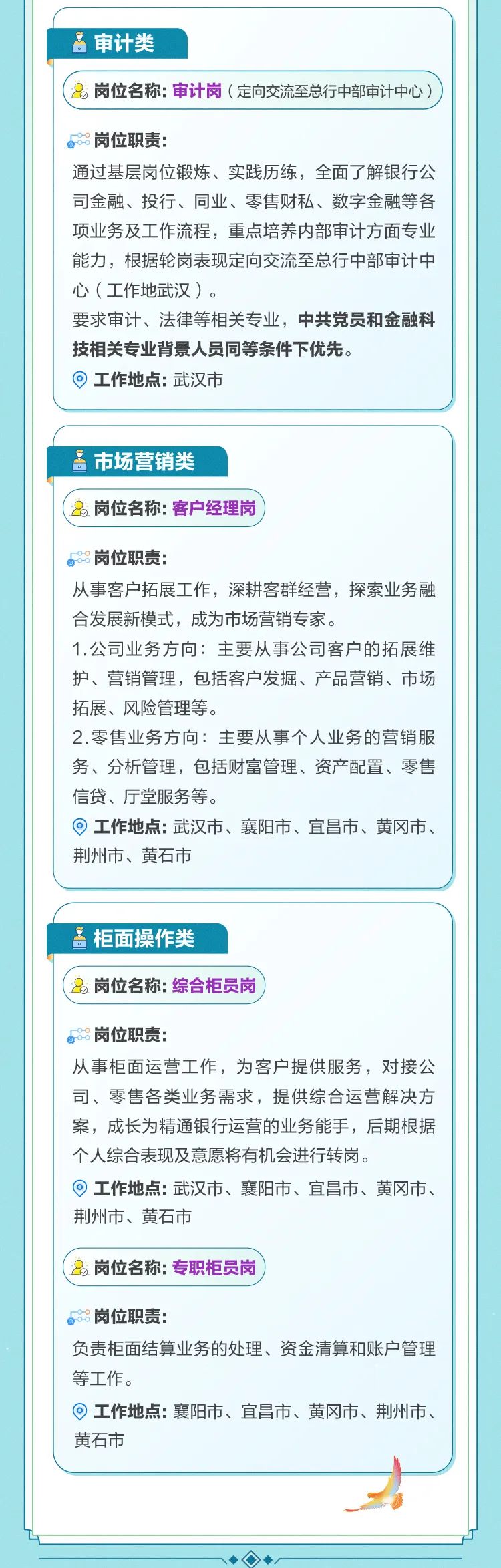 <p>一◆◆◆</p>

<table>
<tr><td>.审计类i岗位名称:审计岗(定向交流至总行中部审计中心) )60岗位职责:通过基层岗位锻炼、实践历练,全面了解银行公司金融、投行、同业、零售财私、数字金融等各项业务及工作流程,重点培养内部审计方面专业能力,根据轮岗表现定向交流至总行中部审计中心(工作地武汉)。要求审计、法律等相关专业,中共党员和金融科技相关专业背景人员同等条件下优先。 工作地点:武汉市</td>
</tr>
<tr><td></td>
</tr>
<tr><td>名市场营销类( 2岗位名称:客户经理岗) 08岗位职责:从事客户拓展工作,深耕客群经营,探索业务融合发展新模式,成为市场营销专家。1.公司业务方向主要从事公司客户的拓展维护、营销管理,包括客户发掘、产品营销、市场拓展、风险管理等。2.零售业务方向:主要从事个人业务的营销服务、分析管理,包括财富管理、资产配置、零售信贷、厅堂服务等。 工作地点:武汉市、襄阳市、宜昌市、黄冈市、荆州市、黄石市</td>
</tr>
<tr><td></td>
</tr>
<tr><td>。柜面操作类i岗位名称:综合柜员岗638岗位职责:从事柜面运营工作,为客户提供服务,对接公司、零售各类业务需求,提供综合运营解决方案,成长为精通银行运营的业务能手,后期根据个人综合表现及意愿将有机会进行转岗。 工作地点:武汉市、襄阳市、宜昌市、黄冈市、荆州市、黄石市( 品岗位名称:专职柜员岗)688岗位职责:负责柜面结算业务的处理、资金清算和账户管理等工作。 工作地点:襄阳市、宜昌市、黄冈市、荆州市、黄石市M</td>
</tr>
<tr><td></td>
</tr>
<tr><td></td>
</tr>
</table>
