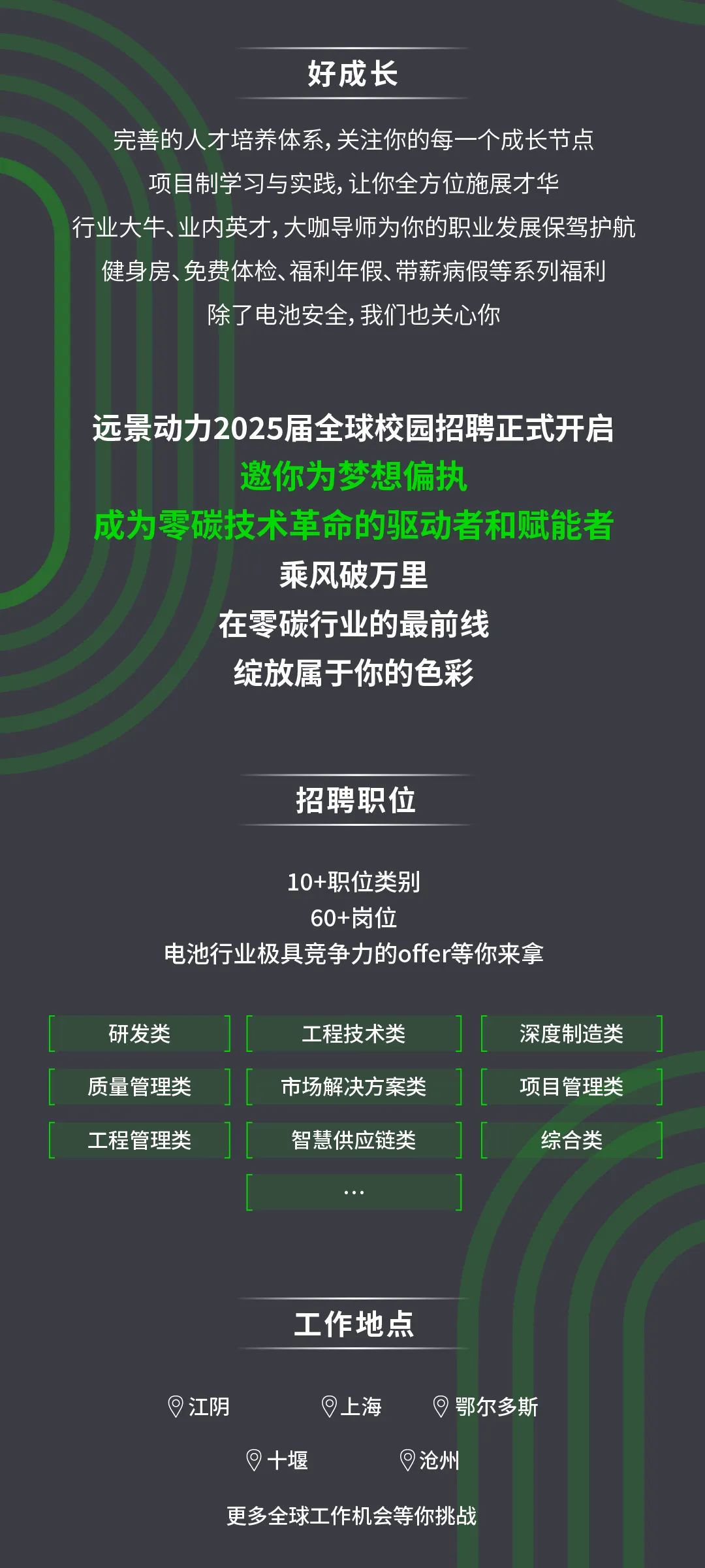 <p>好成长</p>
<p>完善的人才培养体系,关注你的每一个成长节点</p>
<p>项目制学习与实践,让你全方位施展才华</p>
<p>行业大牛、业内英才,大咖导师为你的职业发展保驾护航</p>
<p>健身房、免费体检、福利年假、带薪病假等系列福利</p>
<p>除了电池安全,我们也关心你</p>
<p>远景动力2025届全球校园招聘正式开启</p>
<p>邀你为梦想偏执</p>
<p>成为零碳技术革命的驱动者和赋能者</p>
<p>乘风破万里</p>
<p>在零碳行业的最前线</p>
<p>绽放属于你的色彩</p>
<p>招聘职位</p>
<p>10+职位类别</p>
<p>60+岗位</p>
<p>电池行业极具竞争力的offer等你来拿</p>
<p>研发类<br/>质量管理类<br/>工程管理类</p>
<p>工程技术类<br/>市场解决方案类<br/>智慧供应链类</p>
<p>深度制造类<br/>项目管理类</p>
<p>综合类</p>
<p>工作地点</p>
<p>江阴</p>
<p>上海</p>
<p>鄂尔多斯</p>
<p>+堰</p>
<p>沧州</p>
<p>更多全球工作机会等你挑战</p>
