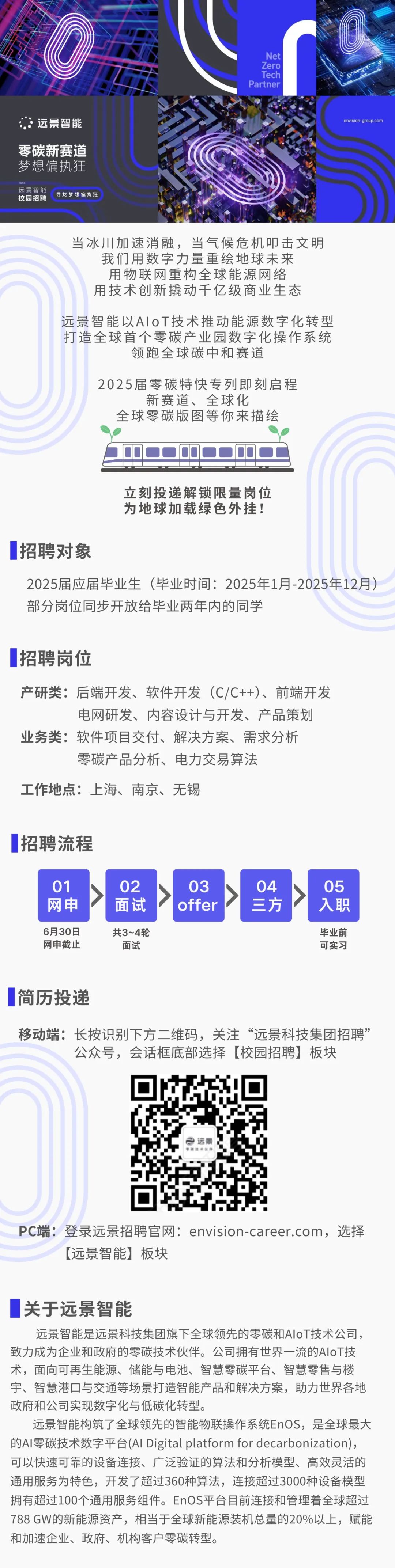 <p>Net</p>
<p>Zero</p>
<p>Tech<br/>Partner</p>
<p>远景智能</p>
<p>envision-group.com</p>
<p>零碳新赛道<br/>梦想偏执狂</p>
<p>远景智能<br/>校园招聘</p>
<p>寻找梦想偏执狂</p>
<p>当冰川加速消融，当气候危机叩击文明<br/>我们用数字力量重绘地球未来</p>
<p>用物联网重构全球能源网络<br/>用技术创新撬动千亿级商业生态</p>
<p>远景智能以A1oT技术推动能源数字化转型<br/>打造全球首个零碳产业园数字化操作系统</p>
<p>领跑全球碳中和赛道</p>
<p>2025届零碳特快专列即刻启程</p>
<p>新赛道、全球化</p>
<p>全球零碳版图等你来描绘</p>
<p>立刻投递解锁限量岗位<br/>为地球加载绿色外挂!</p>
<p>招聘对象</p>
<p>2025届应届毕业生(毕业时间:2025年1月-2025年12月)<br/>部分岗位同步开放给毕业两年内的同学</p>
<p>招聘岗位</p>
<p>产研类:后端开发、软件开发(C/C++)、前端开发</p>
<p>电网研发、内容设计与开发、产品策划</p>
<p>业务类:软件项目交付、解决方案、需求分析</p>
<p>零碳产品分析、电力交易算法</p>
<p>工作地点:上海、南京、无锡</p>
<p>招聘流程</p>
<p>01</p>
<p>网申</p>
<p>02</p>
<p>面试</p>
<p>03</p>
<p>offer</p>
<p>04</p>
<p>三方</p>
<p>05</p>
<p>入职</p>
<p>6月30日<br/>网申截止</p>
<p>共3~4轮</p>
<p>面试</p>
<p>毕业前</p>
<p>可实习</p>
<p>简历投递</p>
<p>移动端:长按识别下方二维码，关注“远景科技集团招聘”</p>
<p>公众号，会话框底部选择[校园招聘]板块</p>
<p>远景</p>
<p>Pc端:登录远景招聘官网:envision-career.com，选择</p>
<p>[远景智能]板块</p>
<p>关于远景智能</p>
<p>远景智能是远景科技集团旗下全球领先的零碳和AIoT技术公司，<br/>致力成为企业和政府的零碳技术伙伴。公司拥有世界一流的AIoT技<br/>术，面向可再生能源、储能与电池、智慧零碳平台、智慧零售与楼<br/>宇、智慧港口与交通等场景打造智能产品和解决方案，助力世界各地<br/>政府和公司实现数字化与低碳化转型。</p>
<p>远景智能构筑了全球领先的智能物联操作系统EnOS，是全球最大<br/>的Al零碳技术数字平台(Al Digital platform for decarbonization),<br/>可以快速可靠的设备连接、广泛验证的算法和分析模型、高效灵活的<br/>通用服务为特色，开发了超过360种算法，连接超过3000种设备模型<br/>拥有超过100个通用服务组件。EnOS平台目前连接和管理着全球超过<br/>788GW的新能源资产，相当于全球新能源装机总量的20%以上，赋能<br/>和加速企业、政府、机构客户零碳转型。</p>
