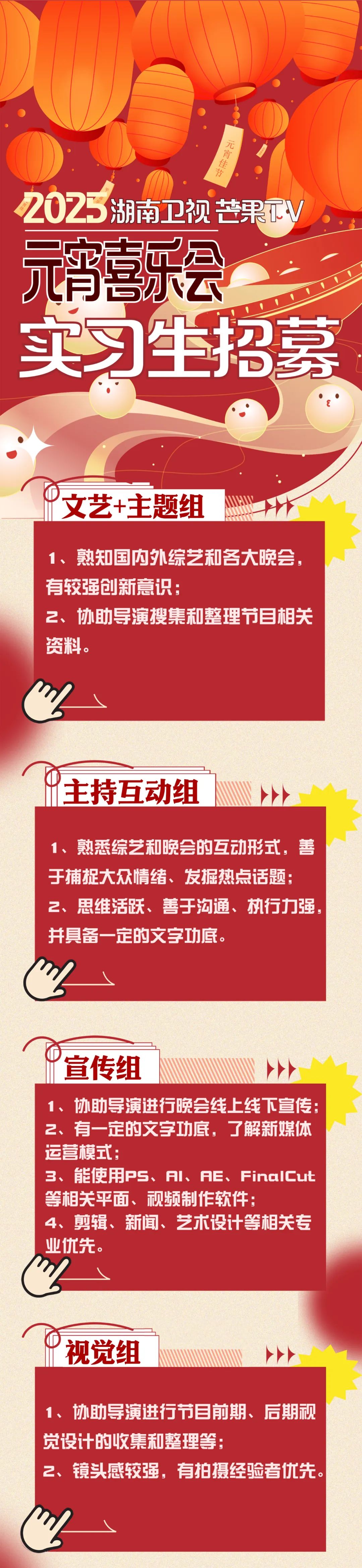 <p>元宵佳节</p>
<p>2025<br/>湖南卫视芒果TV<br/>元宵喜乐会<br/>实习生招墓</p>
<p>文艺+主题组</p>
<p>1、熟知国内外综艺和各大晚会,<br/>有较强创新意识</p>
<p>2、协助导演搜集和整理节目相关<br/>资料。</p>
<p>主持互动组</p>
<p>1、熟悉综艺和晚会的互动形式,善<br/>于捕捉大众情绪、发掘热点话题:<br/>2、思维活跃、善于沟通、执行力强,<br/>并具备一定的文字功底。</p>
<p>宣传组</p>
<p>1、协助导演进行晚会线上线下宣传:<br/>2、有一定的文字功底,了解新媒体<br/>运营模式:</p>
<p>3、能使用PS、AI、AE、FinalCut<br/>等相关平面、视频制作软件:</p>
<p>4、剪辑、新闻、艺术设计等相关专<br/>业优先。</p>
<p>视觉组</p>
<p>1、协助导演进行节目前期、后期视<br/>觉设计的收集和整理等:</p>
<p>2、镜头感较强,有拍摄经验者优先。</p>