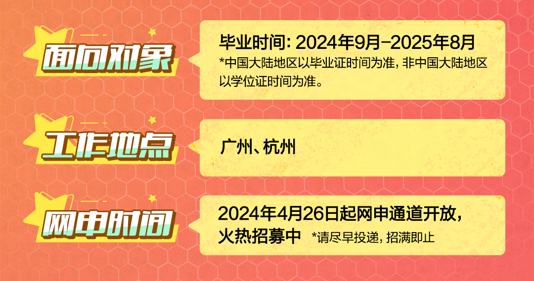 <p>面向对象<br/>工地点<br/>网申时间</p>
<p>毕业时间:2024年9月-2025年8月<br/>*中国大陆地区以毕业证时间为准，非中国大陆地区<br/>以学位证时间为准。</p>
<p>广州、杭州</p>
<p>2024年4月26日起网申通道开放，<br/>火热招募中*请尽早投递，招满即止</p>
