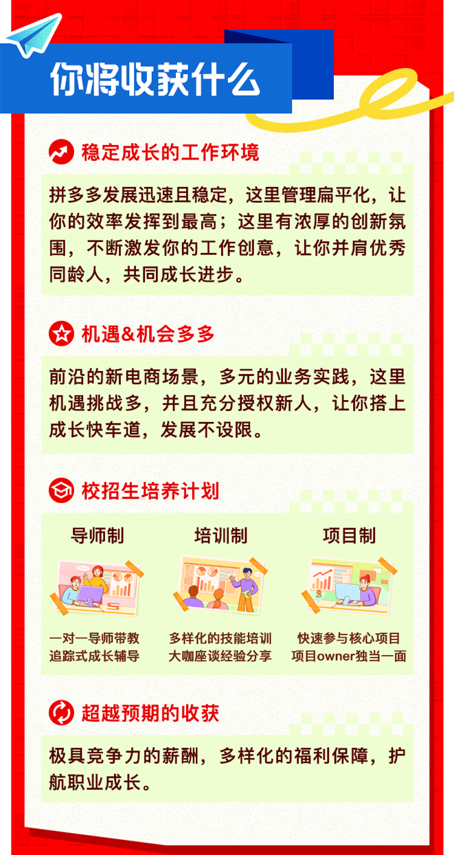 <p>你将收获什么</p>
<p>稳定成长的工作环境</p>
<p>拼多多发展迅速且稳定，这里管理扁平化，让<br/>你的效率发挥到最高;这里有浓厚的创新氛<br/>围，不断激发你的工作创意，让你并肩优秀<br/>同龄人，共同成长进步。</p>
<p>机遇&机会多多</p>
<p>前沿的新电商场景，多元的业务实践，这里<br/>机遇挑战多，并且充分授权新人，让你搭上<br/>成长快车道，发展不设限。</p>
<p>校招生培养计划<br/>导师制</p>
<p>培训制</p>
<p>项目制</p>
<p>一对一导师带教<br/>追踪式成长辅导</p>
<p>多样化的技能培训<br/>快速参与核心项目<br/>大咖座谈经验分享项目owner独当一面</p>
<p>超越预期的收获</p>
<p>极具竞争力的薪酬，多样化的福利保障，护<br/>航职业成长。</p>
