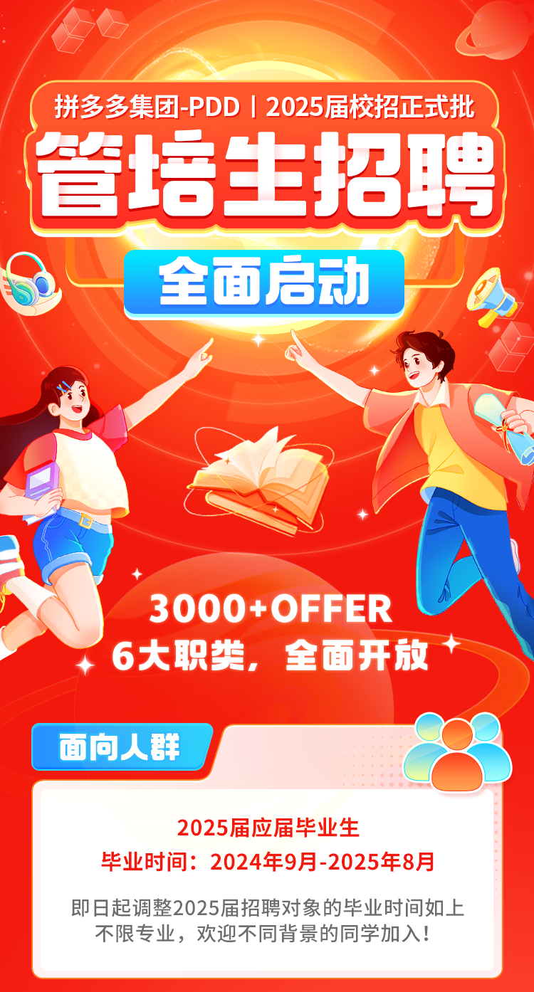<p>拼多多集团-PDD I 2025届校招正式批</p>
<p>管培生招聘</p>
<p>全面启动</p>
<p>道</p>
<p>3000+OFFER</p>
<p>6大职类, 全面开放</p>
<p>面向人群</p>
<p>2025届应届毕业生</p>
<p>毕业时间: 2024年9月-2025年8月</p>
<p>即日起调整2025届招聘对象的毕业时间如。上</p>
<p>不限专业,欢迎不同背景的同学加入!</p>
