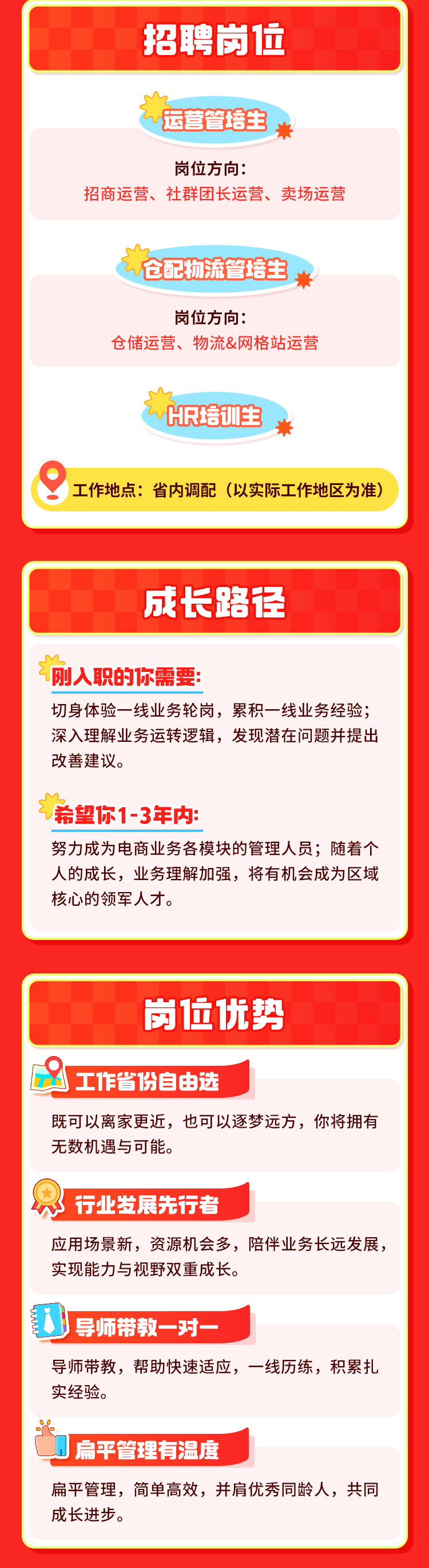 <p>招聘岗位</p>
<p>运营管培主米</p>
<p>岗位方向:</p>
<p>招商运营、社群团长运营、卖场运营</p>
<p>十仓配物流管培生*<br/>岗位方向:</p>
<p>仓储运营、物流&网格站运营</p>
<p>计R培训生</p>
<p>工作地点:省内调配(以实际工作地区为准)</p>
<p>成长路径</p>
<p>刚入职的你需要:</p>
<p>切身体验一线业务轮岗，累积一线业务经验;<br/>深入理解业务运转逻辑，发现潜在问题并提出<br/>改善建议。</p>
<p>希望你1-3年内:</p>
<p>努力成为电商业务各模块的管理人员;随着个<br/>人的成长，业务理解加强，将有机会成为区域<br/>核心的领军人才。</p>
<p>岗位优势</p>
<p>工作省份自由选</p>
<p>既可以离家更近，也可以逐梦远方，你将拥有<br/>无数机遇与可能。</p>
<p> <br/>行业发展先行者</p>
<p>应用场景新，资源机会多，陪伴业务长远发展<br/>实现能力与视野双重成长。</p>
<p>导师带教一对-</p>
<p>导师带教，帮助快速适应，一线历练，积累扎<br/>实经验。</p>
<p>扁平管理有温度</p>
<p>扁平管理，简单高效，并肩优秀同龄人，共同<br/>成长进步。</p>
