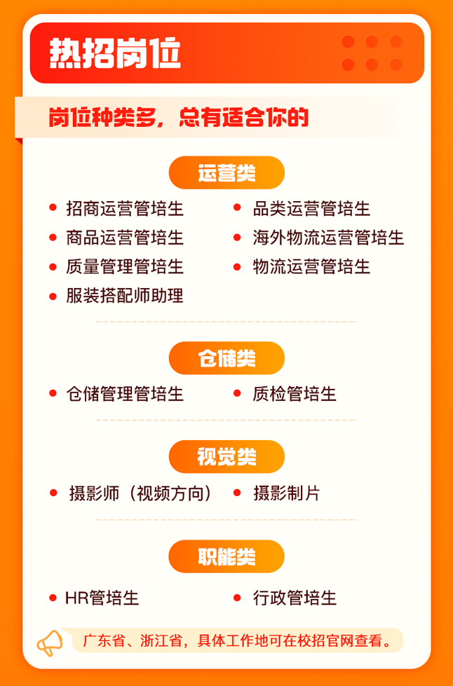 <p>热招岗位</p>
<p>岗位种类多，总有适合你的</p>
<p>招商运营管培生<br/>商品运营管培生<br/>质量管理管培生<br/>服装搭配师助理</p>
<p>运营类</p>
<p>品类运营管培生</p>
<p>海外物流运营管培生<br/>物流运营管培生</p>
<p>仓储类</p>
<p>仓储管理管培生</p>
<p>质检管培生</p>
<p>视觉类</p>
<p>摄影师(视频方向) 摄影制片</p>
<p>职能类</p>
<p>HR管培生</p>
<p>行政管培生</p>
<p>广东省、浙江省，具体工作地可在校招官网查看。</p>

