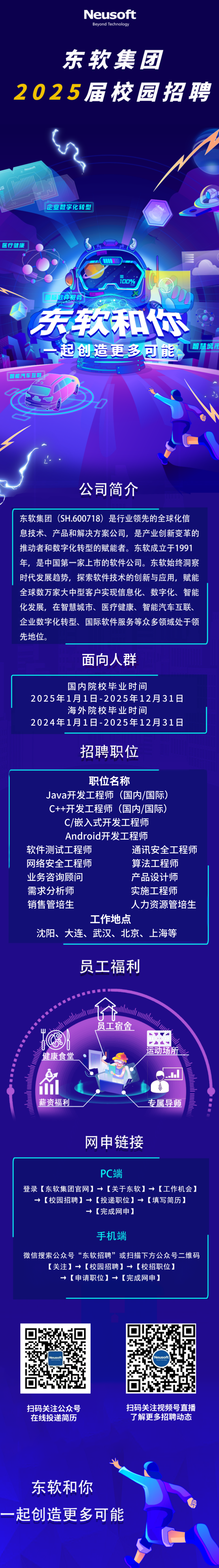 <p>Neusoft</p>
<p>Beyond Technology</p>
<p>东软集团</p>
<p>2025届校园招聘</p>
<p>企业数字化转型</p>
<p>医疗健康</p>
<p> </p>
<p>100%</p>
<p>国际数件被务</p>
<p>关软和你</p>
<p>起创造更多可能<br/>智慧城</p>
<p>智能汽车互联</p>
<p>公司简介</p>
<p>东软集团(SH.600718)是行业领先的全球化信<br/>息技术、产品和解决方案公司，是产业创新变革的<br/>推动者和数字化转型的赋能者。东软成立于1991<br/>年，是中国第一家上市的软件公司。东软始终洞察<br/>时代发展趋势，探索软件技术的创新与应用，赋能<br/>全球数万家大中型客户实现信息化、数字化、智能<br/>化发展，在智慧城市、医疗健康、智能汽车互联、<br/>企业数字化转型、国际软件服务等众多领域处于领<br/>先地位。</p>
<p>SCL业<br/>P人</p>
<p>国内院校毕业时间</p>
<p>2025年1月1日-2025年12月31日</p>
<p>海外院校毕业时间</p>
<p>2024年1月1日-2025年12月31日</p>
<p>招聘职位</p>
<p>职位名称</p>
<p>Java开发工程师 (国内/国际)<br/>C++开发工程师(国内/国际)<br/>C/嵌入式开发工程师</p>
<p>Android开发工程师</p>
<p>软件测试工程师</p>
<p>通讯安全工程师</p>
<p>网络安全工程师</p>
<p>算法工程师</p>
<p>业务咨询顾问</p>
<p>产品设计师</p>
<p>需求分析师</p>
<p>实施工程师</p>
<p>销售管培生</p>
<p>人力资源管培生</p>
<p>工作地点</p>
<p>沈阳、<br/>大连、武汉、北京、上海等</p>
<p>员工福利</p>
<p>健康食堂</p>
<p>员工宿舍</p>
<p>运动场所</p>
<p>薪资福利</p>
<p>专属导师</p>
<p>网申链接</p>
<p>PC端</p>
<p>登录[东软集团官网]→[关于东软]→[工作机会]</p>
<p>→[校园招聘]→[投递职位]→[填写简历]</p>
<p>→[完成网申]</p>
<p>手机端</p>
<p>微信搜索公众号“东软招聘”或扫描下方公众号二维码</p>
<p>[关注]→[校园招聘]→[校招职位]<br/>→[申请职位]→[完成网申]</p>
<p>Neusoft</p>
<p>Neusoft</p>
<p>扫码关注公众号<br/>在线投递简历</p>
<p>扫码关注视频号直播<br/>了解更多招聘动态</p>
<p>东软和你</p>
<p>一起创造更多可能</p>
