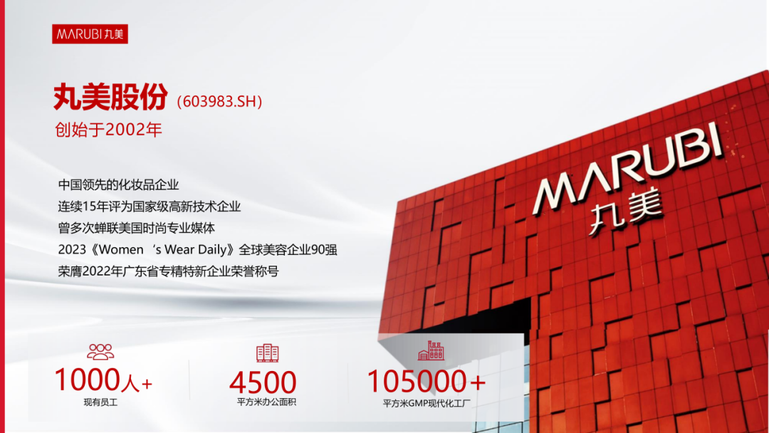 <p>MRUBI丸美</p>
<p>丸美股份<br/>(603983.SH)<br/>创始于2002年</p>
<p>中国领先的化妆品企业</p>
<p>连续15年评为国家级高新技术企业</p>
<p>曾多次蝉联美国时尚专业媒体</p>
<p>2023《Women\'sWear Daily》全球美容企业90强<br/>荣膺2022年广东省专精特新企业荣誉称号</p>
<p>MARUBI</p>
<p>丸美</p>
<p>208</p>
<p>1000人+<br/>现有员工</p>
<p> <br/>4500<br/>平方米办公面积</p>
<p>體<br/>105000+<br/>平方米GMP现代化工厂</p>