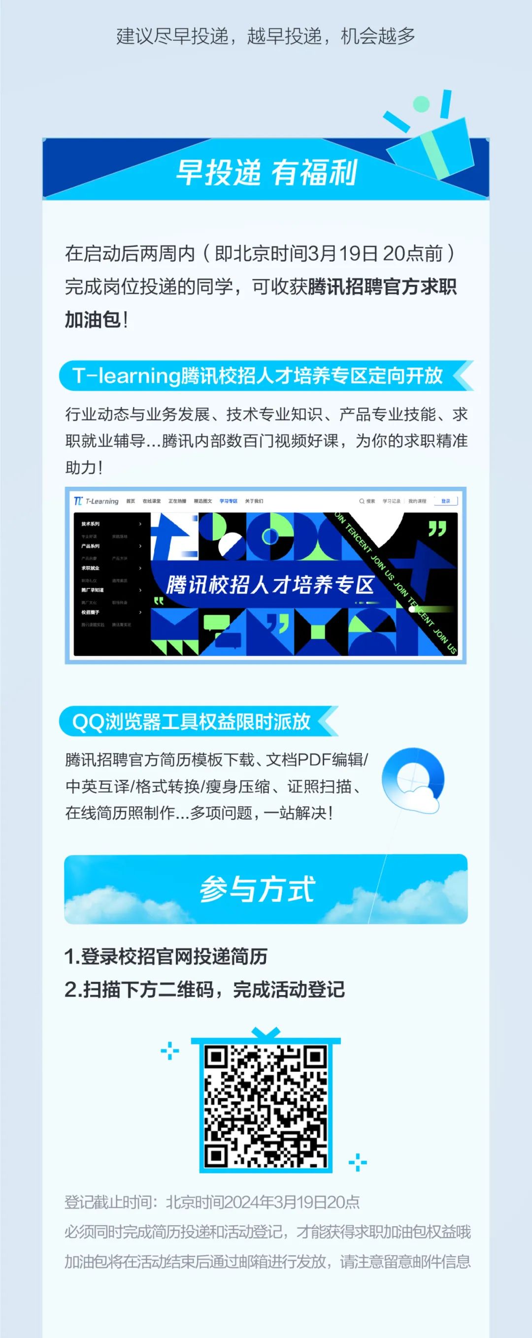 <p>建议尽早投递，越早投递，机会越多</p>
<p>早投递有福利</p>
<p>在启动后两周内(即北京时间3月19日20点前)<br/>完成岗位投递的同学，可收获腾讯招聘官方求职<br/>加油包!</p>
<p>T-learning腾讯校招人才培养专区定向开放<br/>行业动态与业务发展、技术专业知识、产品专业技能、求<br/>职就业辅导...腾讯内部数百门视频好课，为你的求职精准<br/>助力!</p>
<p>TT T-Learning<br/>首页在线课堂正<br/>在热鲡精达图学习专关于我</p>
<p>TENCENT</p>
<p>腾讯校招人才培养专区</p>
<p>CENT.<br/>JOI</p>
<p>QQ浏览器工具权益限时派放</p>
<p>腾讯招聘官方简历模板下载、文档PDF编辑/<br/>中英互译/格式转换/瘦身压缩、证照扫描、<br/>在线简历照制作...多项问题，一站解决!</p>
<p>参与方式</p>
<p>1.登录校招官网投递简历</p>
<p>2.扫描下方二维码，完成活动登记</p>
<p>登记截止时间:北京时间2024年3月19日20点</p>
<p>必须同时完成简历投递和活动登记，才能获得求职加油包权益哦<br/>加油包将在活动结束后通过邮箱进行发放，请注意留意邮件信息</p>
