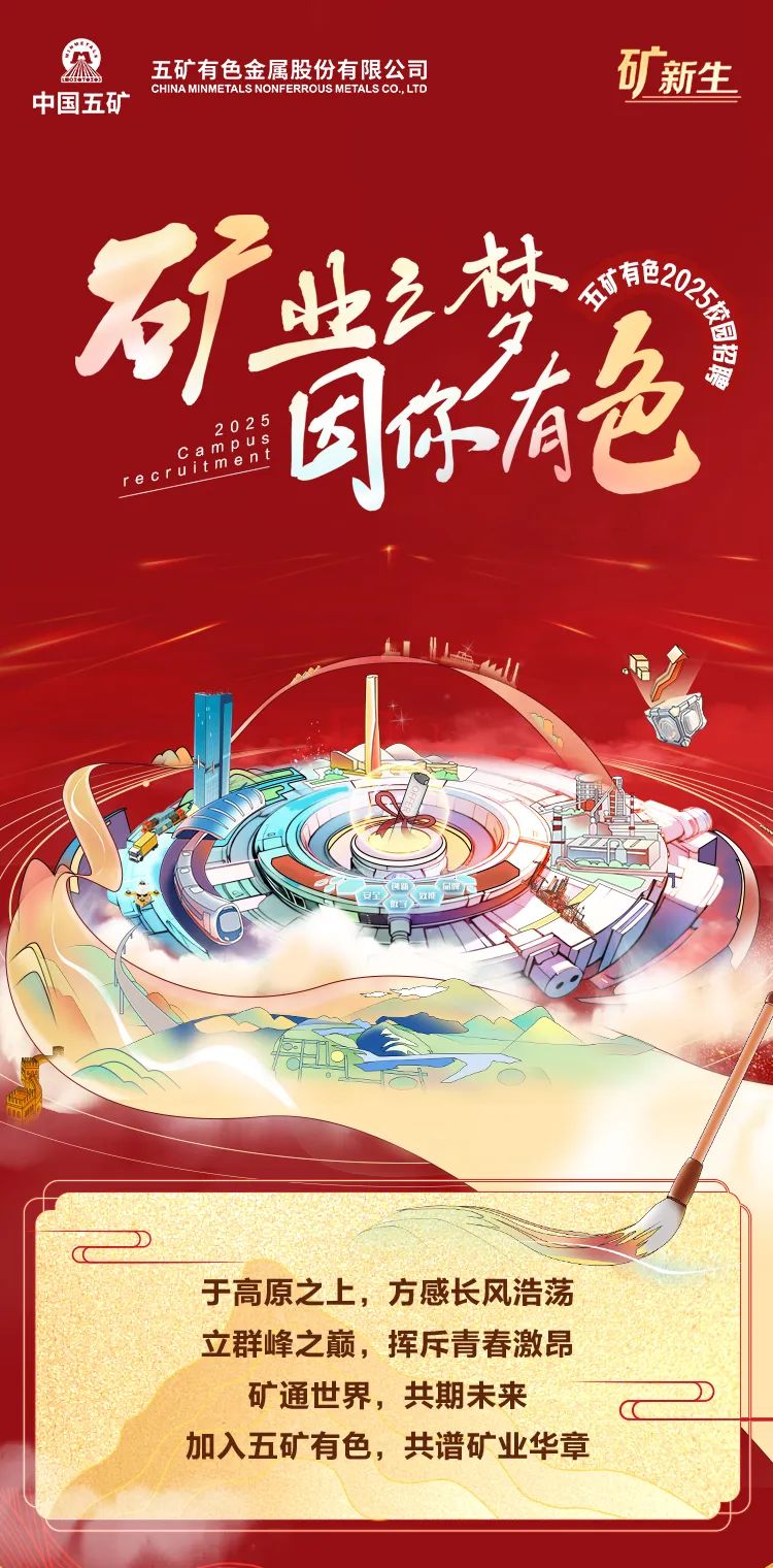 <p>界中国五矿MSCHINA MINTAL s NONFERROUS五矿有色金属股份有限公司METALSCO.LTD矿新生</p>
<p>矿些梦A有色2RE203S创</p>
<p>时</p>
<p>色</p>
<p>campent2025</p>
<p>d</p>
<p>问石</p>
<p>D</p>
<p>年Re</p>
<p>CC</p>
<p>于高原之上,方感长风浩荡</p>
<p>立群峰之巅,挥斥青春激昂</p>
<p>矿通世界,共期未来D</p>
<p>加入五矿有色,共谱矿业华章</p>
