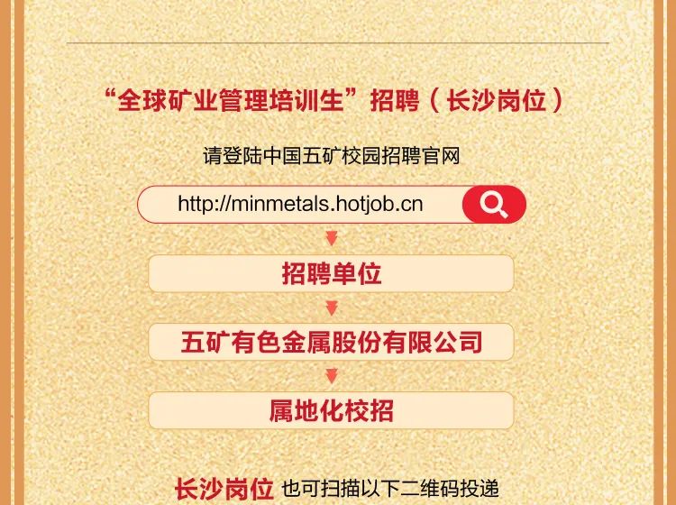 <p>&ldquo;全球矿业管理培训生&rdquo;招聘(长沙岗位)</p>
<p>请登陆中国五矿校园招聘官网</p>
<p>http://minmetals.hotjob.cn</p>
<p>招聘单位</p>
<p>五矿有色金属股份有限公司</p>
<p>属地化校招</p>
<p>长沙岗位 也可扫描以下二维码投递</p>

