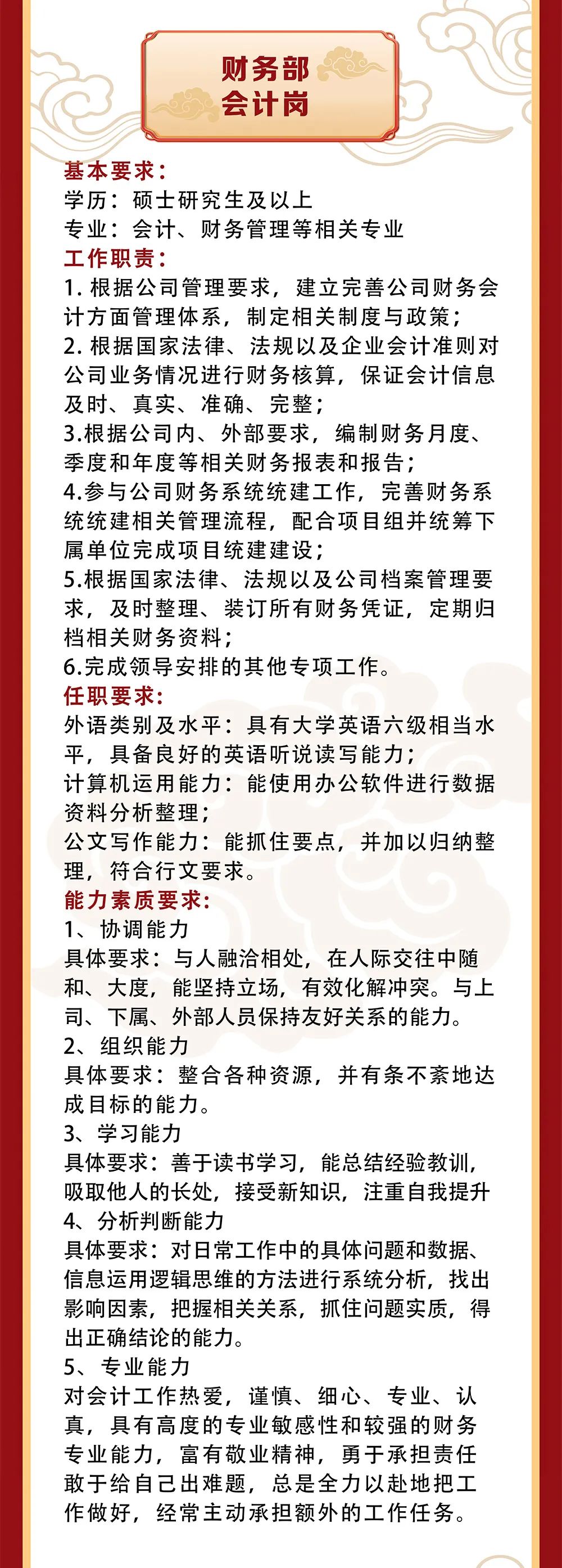 <p>财务部<br/>会计岗</p>
<p>基本要求:</p>
<p>学历:硕士研究生及以上</p>
<p>专业:会计、财务管理等相关专业</p>
<p>工作职责:</p>
<p>1.根据公司管理要求，建立完善公司财务会<br/>计方面管理体系，制定相关制度与政策;<br/>2.根据国家法律、法规以及企业会计准则对<br/>公司业务情况进行财务核算，保证会计信息<br/>及时、真实、准确、完整;</p>
<p>3.根据公司内、外部要求，编制财务月度、<br/>季度和年度等相关财务报表和报告;</p>
<p>4.参与公司财务系统统建工作，完善财务系<br/>统统建相关管理流程，配合项目组并统筹下<br/>属单位完成项目统建建设;</p>
<p>5.根据国家法律、法规以及公司档案管理要<br/>求，及时整理、装订所有财务凭证，定期归<br/>档相关财务资料;</p>
<p>6.完成领导安排的其他专项工作。</p>
<p>任职要求:</p>
<p>外语类别及水平:具有大学英语六级相当水<br/>平，具备良好的英语听说读写能力;</p>
<p>计算机运用能力:能使用办公软件进行数据<br/>资料分析整理;</p>
<p>公文写作能力:能抓住要点，并加以归纳整<br/>理，符合行文要求。</p>
<p>能力素质要求:</p>
<p>1、协调能力</p>
<p>具体要求:与人融洽相处，在人际交往中随<br/>和、大度，能坚持立场，有效化解冲突。与上<br/>司、下属、外部人员保持友好关系的能力。<br/>2、组织能力</p>
<p>具体要求:整合各种资源，并有条不紊地达<br/>成目标的能力。</p>
<p>3、学习能力</p>
<p>具体要求:善于读书学习，能总结经验教训，<br/>吸取他人的长处，接受新知识，注重自我提升<br/>4、分析判析能力</p>
<p>具体要求:对日常工作中的具体问题和数据、<br/>信息运用逻辑思维的方法进行系统分析，找出<br/>影响因素，把握相关关系，抓住问题实质，得<br/>出正确结论的能力。</p>
<p>5、专业能力</p>
<p>对会计工作热爱，谨慎、细心、专业、认<br/>真，具有高度的专业敏感性和较强的财务<br/>专业能力，富有敬业精神，勇于承担责任<br/>敢于给自己出难题，总是全力以赴地把工<br/>作做好，经常主动承担额外的工作任务。</p>
