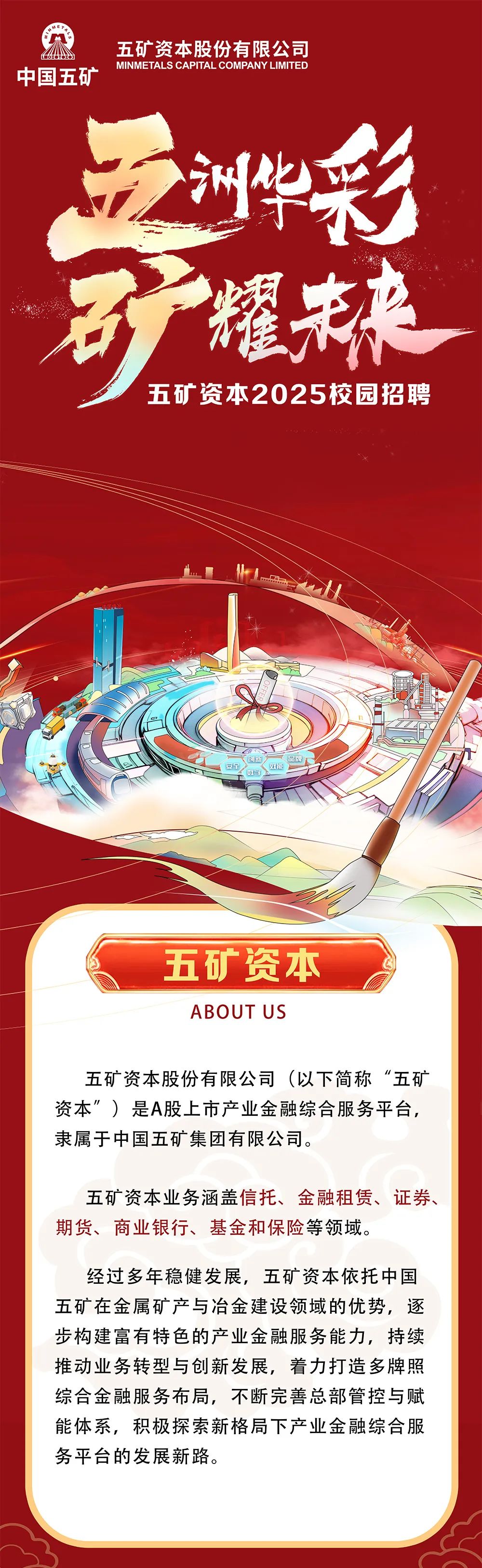 <p>中国五矿</p>
<p>五矿资本股份有限公司<br/>MINMETALS CAPITAL COMPANY LIMITED</p>
<p>洲华采</p>
<p>耀未东<br/>五矿资本2025校园招聘</p>
<p>五矿资本</p>
<p>ABOUT US</p>
<p>五矿资本股份有限公司(以下简称&ldquo;五矿<br/>资本&rdquo;)是A股上市产业金融综合服务平台，<br/>隶属于中国五矿集团有限公司。</p>
<p>五矿资本业务涵盖信托、金融租赁、证券、<br/>期货、商业银行、基金和保险等领域。</p>
<p>经过多年稳健发展，五矿资本依托中国<br/>五矿在金属矿产与冶金建设领域的优势，逐<br/>步构建富有特色的产业金融服务能力，持续<br/>推动业务转型与创新发展，着力打造多牌照<br/>综合金融服务布局，不断完善总部管控与赋<br/>能体系，积极探索新格局下产业金融综合服<br/>务平台的发展新路。</p>

