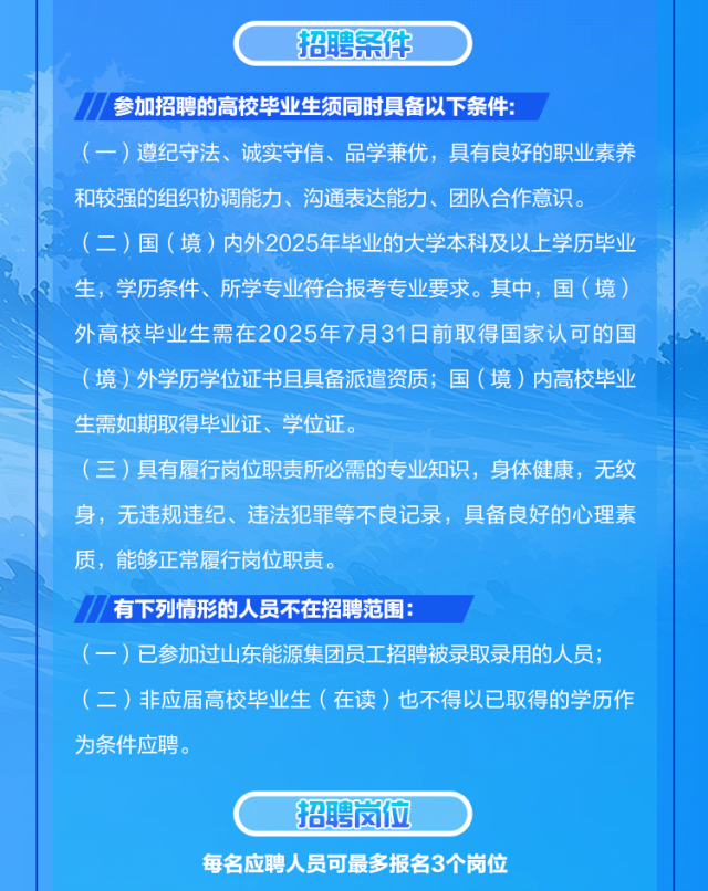 <p>招聘条件</p>
<p>参加招聘的高校毕业生须同时具备以下条件:</p>
<p>(一)遵纪守法、诚实守信、品学兼优，具有良好的职业素养<br/>和较强的组织协调能力、沟通表达能力、团队合作意识。</p>
<p>(二)国(境)内外2025年毕业的大学本科及以上学历毕业<br/>生，学历条件、所学专业符合报考专业要求。其中，国(境)<br/>外高校毕业生需在2025年7月31日前取得国家认可的国<br/>(境)外学历学位证书且具备派遣资质;国(境)内高校毕业<br/>生需如期取得毕业证、学位证。</p>
<p>(三)具有履行岗位职责所必需的专业知识，身体健康，无纹<br/>身，无违规违纪、违法犯罪等不良记录，具备良好的心理素<br/>质，能够正常履行岗位职责。</p>
<p>有下列情形的人员不在招聘范围:</p>
<p>(一)已参加过山东能源集团员工招聘被录取录用的人员;<br/>(二)非应届高校毕业生(在读)也不得以已取得的学历作<br/>为条件应聘。</p>
<p>招聘岗位</p>
<p>每名应聘人员可最多报名3个岗位</p>
