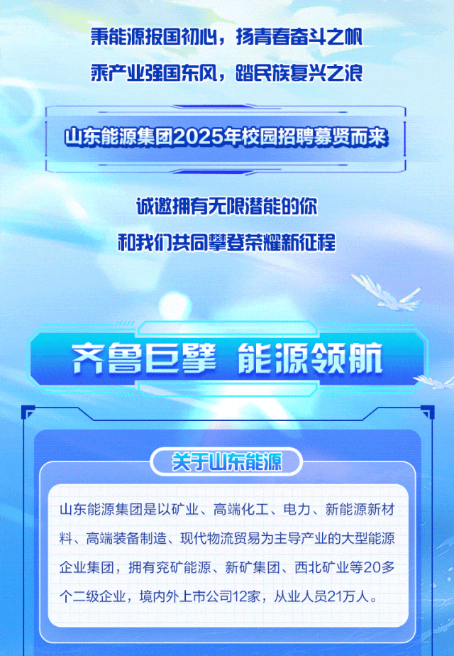 
<table>
<tr><td colspan="3">秉能源报国初心,扬青春奋斗之帆乘产业强国东风,踏民族复兴之浪</td>
</tr>
<tr><td colspan="3">山东能源集团2025年校园招聘募贤而来</td>
</tr>
<tr><td colspan="3">诚邀拥有无限潜能的你和我们共同攀登茶耀新征程齐鲁巨擘能源领航</td>
</tr>
<tr><td colspan="3">关于山东能源</td>
</tr>
<tr><td colspan="3"></td>
</tr>
<tr><td colspan="3">山东能源集团是以矿业、高端化工、电力、新能源新材</td>
</tr>
<tr><td colspan="3">料、高端装备制造、现代物流贸易为主导产业的大型能源</td>
</tr>
<tr><td colspan="3">企业集团,拥有兖矿能源、新矿集团、西北矿业等20多</td>
</tr>
<tr><td rowspan="3">个二级企业,境内外上市公司12家</td>
<td rowspan="3">从业人员21万人。</td>
<td></td>
</tr>
<tr><td></td>
</tr>
<tr><td></td>
</tr>
<tr><td></td>
<td></td>
<td></td>
</tr>
<tr><td colspan="3"></td>
</tr>
</table>
