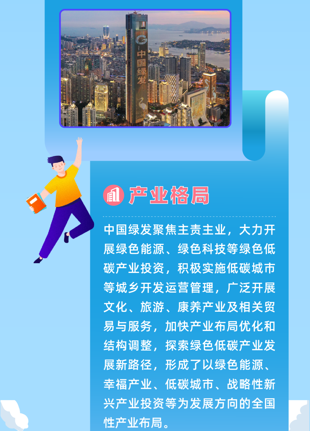 <p>3</p>
<p>北元</p>
<p>1产业格局</p>
<p>中国绿发聚焦主责主业,大力开</p>
<p>展绿色能源、绿色科技等绿色低</p>
<p>碳产业投资,积极实施低碳城市</p>
<p>等城乡开发运营管理,广泛开展</p>
<p>文化、旅游、康养产业及相关贸</p>
<p>易与服务,加快产业布局优化和</p>
<p>结构调整,探索绿色低碳产业发</p>
<p>展新路径,形成了以绿色能源、</p>
<p>幸福产业、低碳城市、战略性新</p>
<p>兴产业投资等为发展方向的全国</p>
<p>性产业布局。</p>
