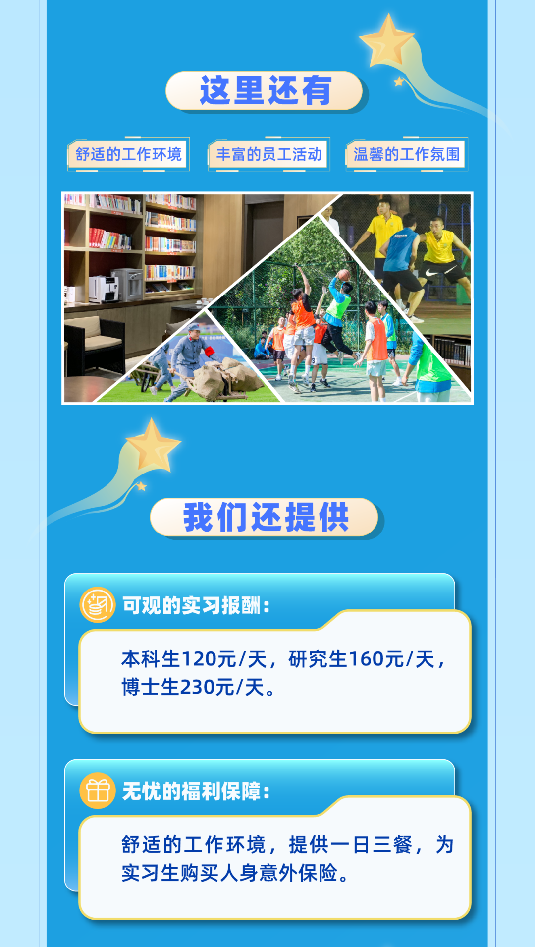 <p>这里还有</p>

<table>
<tr><td>舒适的工作环境</td>
<td>I丰富的员工活动</td>
<td>I温馨的工作氛围</td>
</tr>
<tr><td colspan="3"></td>
</tr>
<tr><td colspan="3">AI 发为 一ISA也 "。公 .F力</td>
</tr>
<tr><td colspan="3">)我们还提供)</td>
</tr>
<tr><td colspan="3">)可观的实习报酬:本科生120元/天,研究生160元/天,博士生230元/天。</td>
</tr>
<tr><td colspan="3"></td>
</tr>
<tr><td colspan="3">无忧的福利保障:舒适的工作环境,提供一日三餐,为实习生购买人身意外保险。</td>
</tr>
</table>
