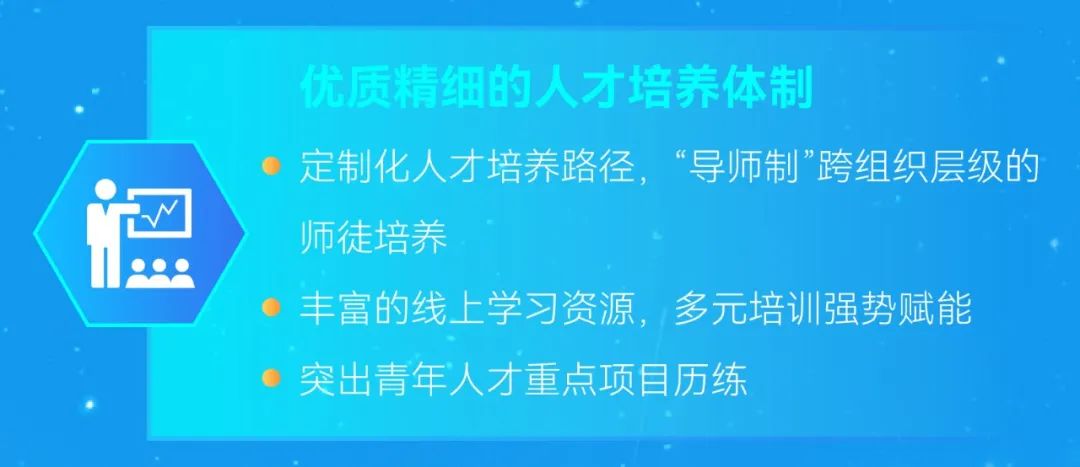 <p>优质精细的人才培养体制</p>
<p>定制化人才培养路径，&ldquo;导师制&rdquo;跨组织层级的<br/>师徒培养</p>
<p>丰富的线上学习资源，多元培训强势赋能<br/>突出青年人才重点项目历练</p>
