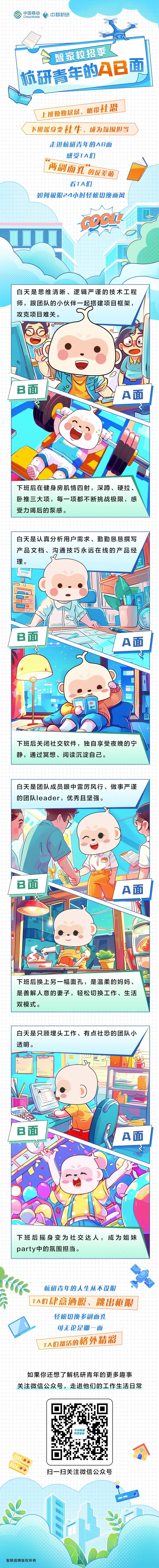 <p>China Mobile中国移动中移航研</p>
<p>国家校招事</p>
<p>临研青年的AB面</p>
<p>上班勒勤恳恳,略带社恐</p>
<p>下班摇身变社牛,成为氛围担当</p>
<p>走进杭研青年的AB面</p>
<p>感受TA们</p>
<p>两副面了的反差萌</p>
<p>看TA们</p>
<p>如何极限24小时轻松切换画风</p>
<p>白天是思维清晰、逻辑严谨的技术工程</p>
<p>师,跟团队的小伙伴一起搭建项目框架,</p>
<p>攻克项目难关。</p>
<p>C00</p>
<p>B面</p>
<p>A面</p>
<p>下班后在健身房肌情四射,深蹲、硬拉、!</p>
<p>卧推三大项,每一项都不断挑战极限,感</p>
<p>受力竭后的泵感。</p>
<p>杭研青年的人生从不设限</p>
<p>I TA们肆意酒脱、跳出框限</p>
<p>轻松切换多副面孔</p>
<p>可无论是哪一面</p>
<p>TA们都活的格外精彩</p>
<p>如果你还想了解杭研青年的更多趣事</p>
<p>关注微信公众号,走进他们的工作生活日常</p>
<p>智慧家庭中国移动</p>
<p>扫一扫关注微信公众号</p>
<p>D</p>

<table>
<tr><td>白天是认真分析用户需求、勤勤恳恳撰写产品文档、沟通技巧永远在线的产品经理。I心 Ih心B面A面 yw I\\下班后关闭社交软件,独自享受夜晚的宁静,通过冥想、阅读沉淀自己。</td>
</tr>
<tr><td>白天是团队成员眼中雷厉风行、做事严谨的团队leader,优秀且坚强。CeaB面A面下班后换上另一幅面孔,是温柔的妈妈、是善解人意的妻子,轻松切换工作、生活双模式。</td>
</tr>
<tr><td></td>
</tr>
<tr><td>白天是只顾埋头工作、有点社恐的团队小透明。。丁B面A面D7下班后摇身变为社交达人,成为姐妹party中的氛围担当。</td>
</tr>
</table>
