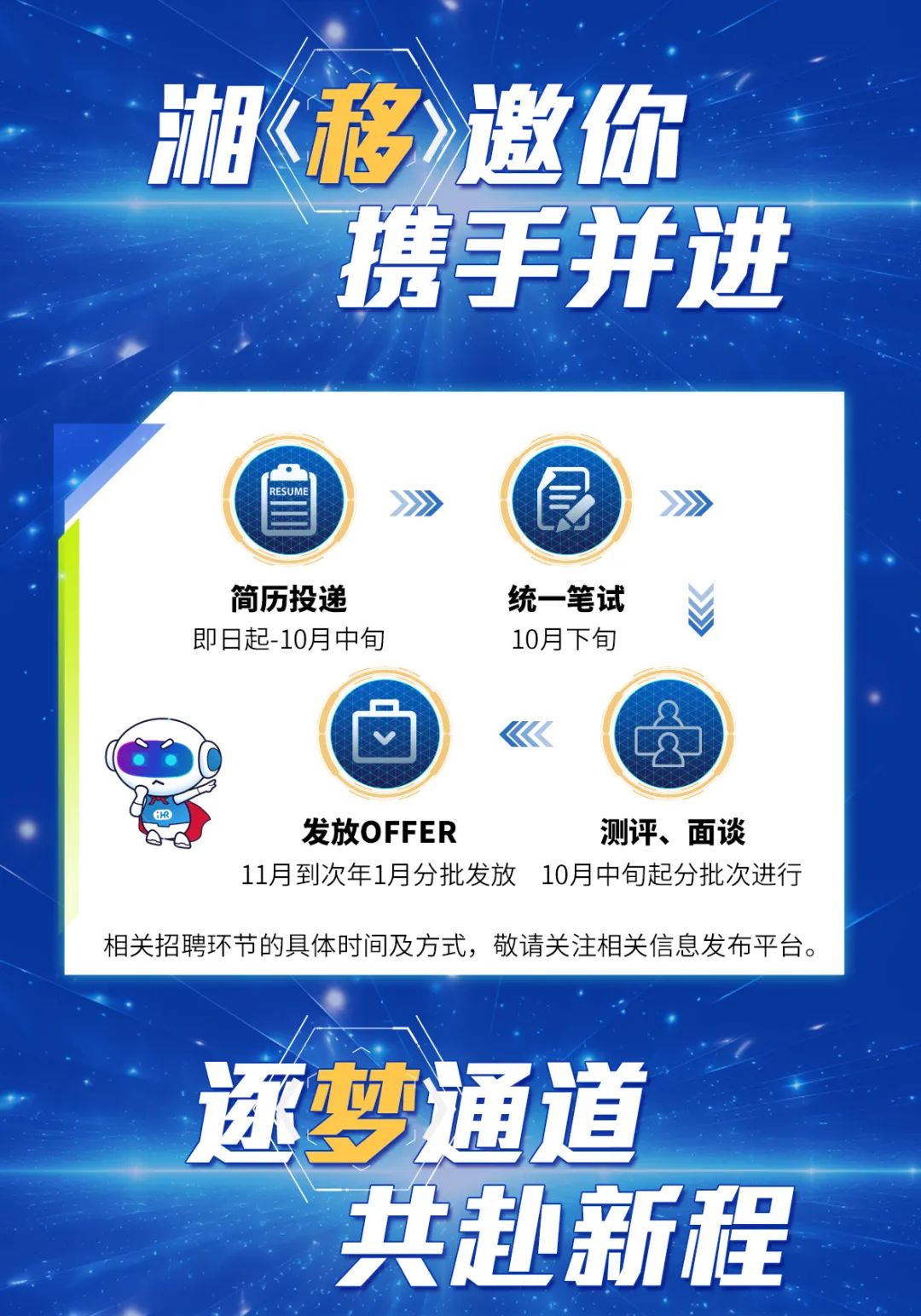 <p>共赴新程</p>

<table>
<tr><td>湘<移邀你</td>
<td></td>
</tr>
<tr><td colspan="2">携手并 进</td>
</tr>
<tr><td colspan="2">RESUME》》 录 》》简历投递 统-笔试 6即日起-10月中旬 10月下旬卤 《《发放OFFER 测评、面谈11月到次年1月分批发放10月中旬起分批次进行相关招聘环节的具体时间及方式,敬请关注相关信息发布平台。</td>
</tr>
<tr><td colspan="2">逐梦 通道</td>
</tr>
</table>
